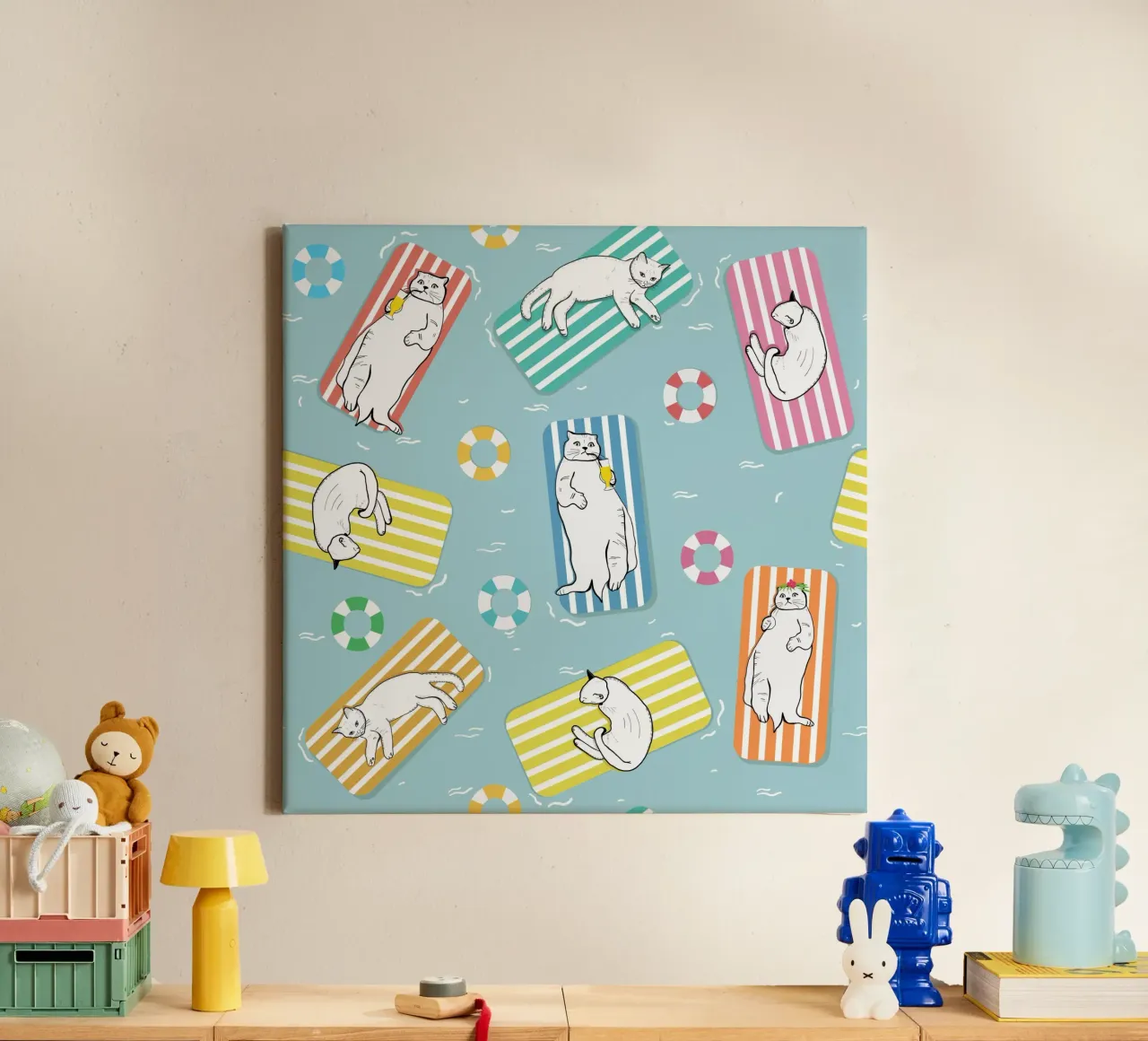 Grappige katten zonnebadend op zee canvas met Baklijst van gulsengunel