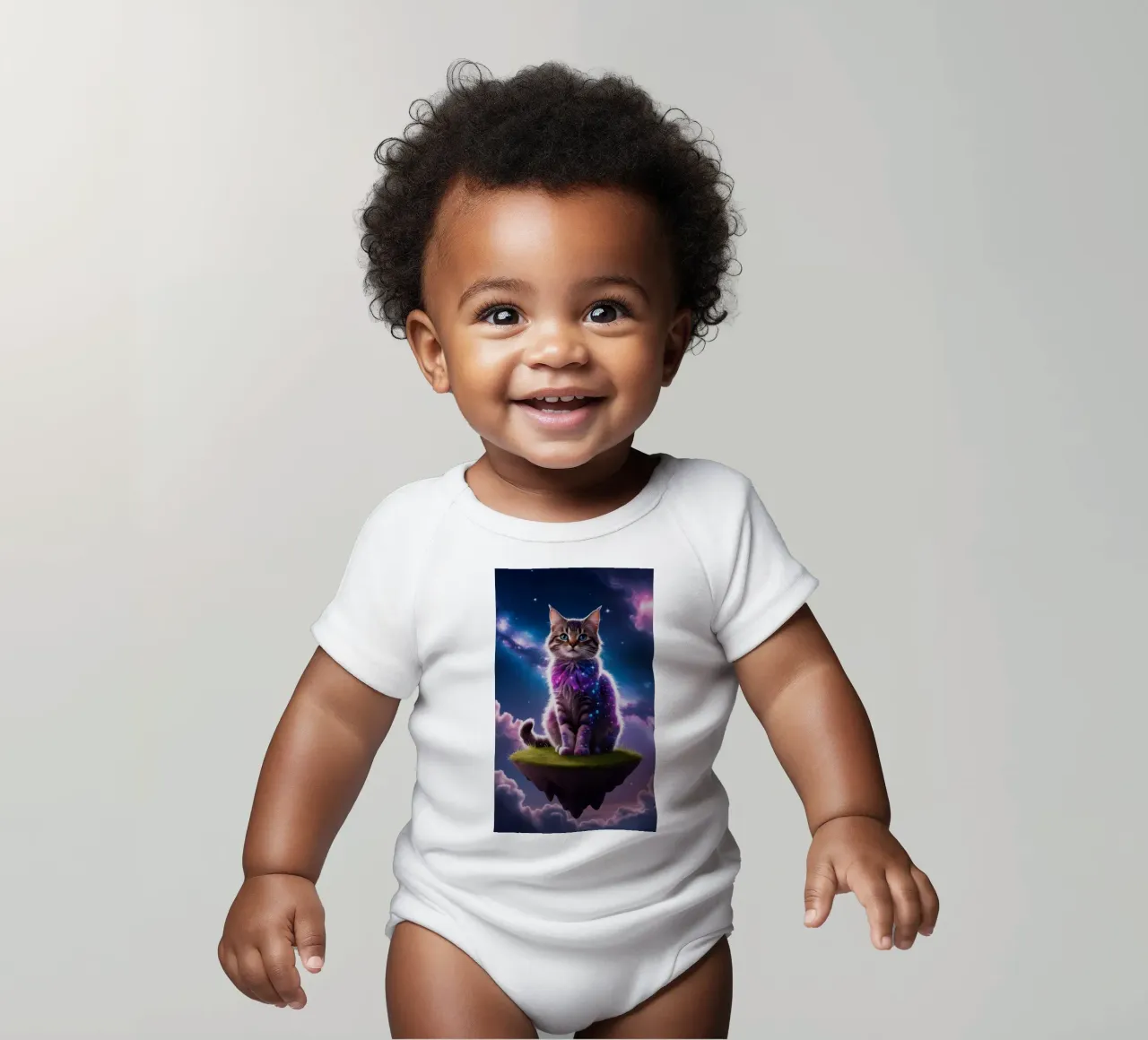 Galaxy Cat on a Floating Island short-sleeve baby romper by van hellen