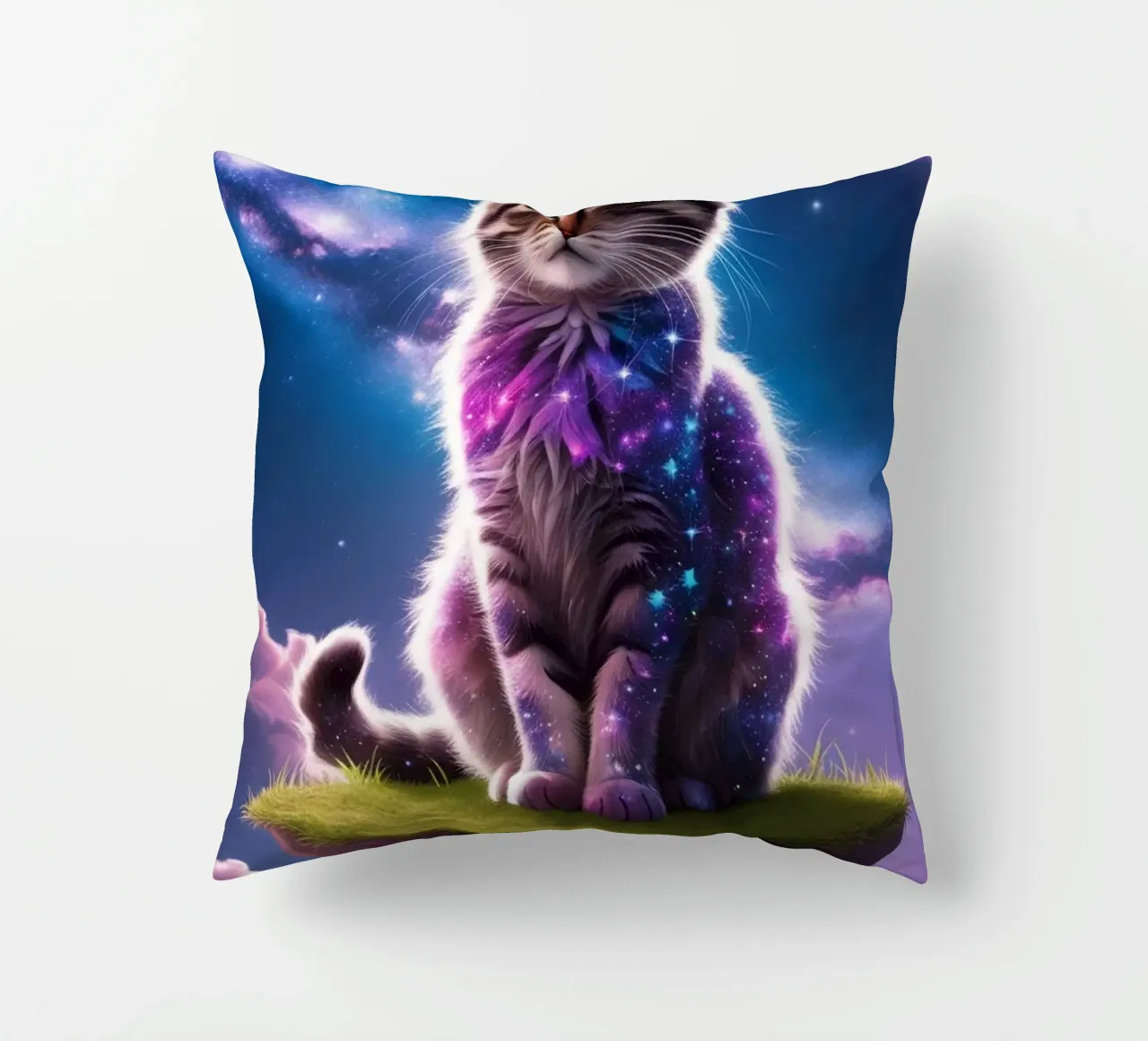 Galaxy Cat on a Floating Island decorative cushion by van hellen