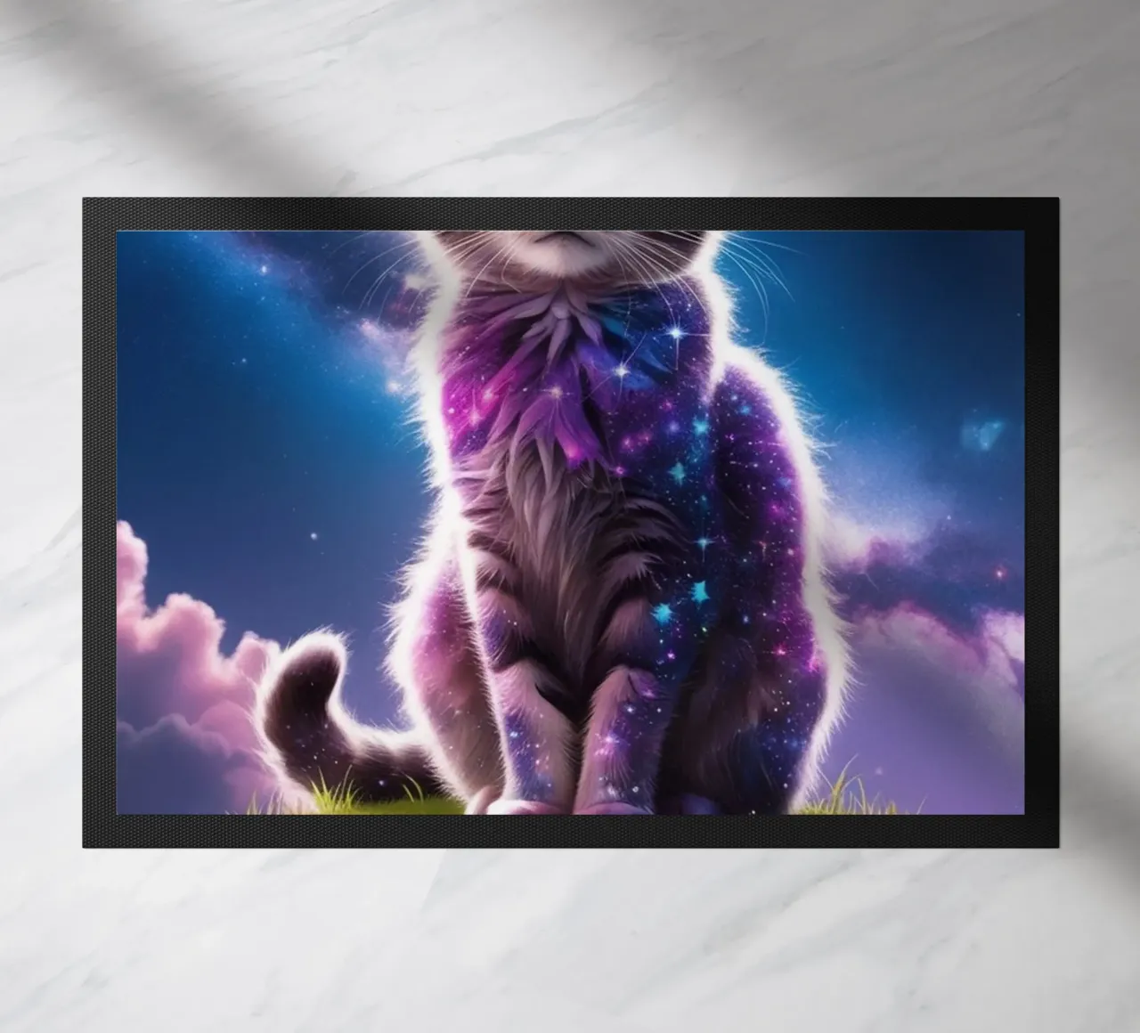 Galaxy Cat on a Floating Island doormat by van hellen