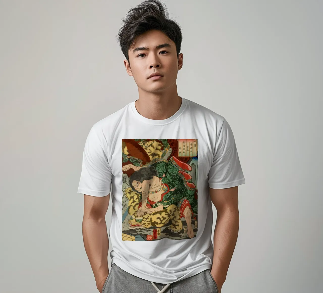 Samouraï combattant le léopard - Ukiyo-e japonais d'époque t-shirt de Masterpieces Of Japanese Art