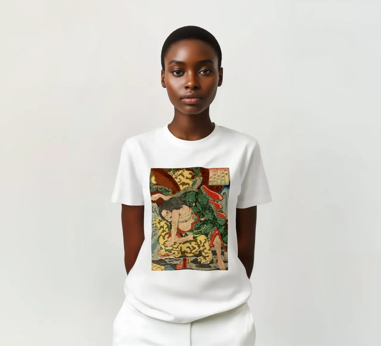 Samouraï combattant le léopard - Ukiyo-e japonais d'époque t-shirt de Masterpieces Of Japanese Art