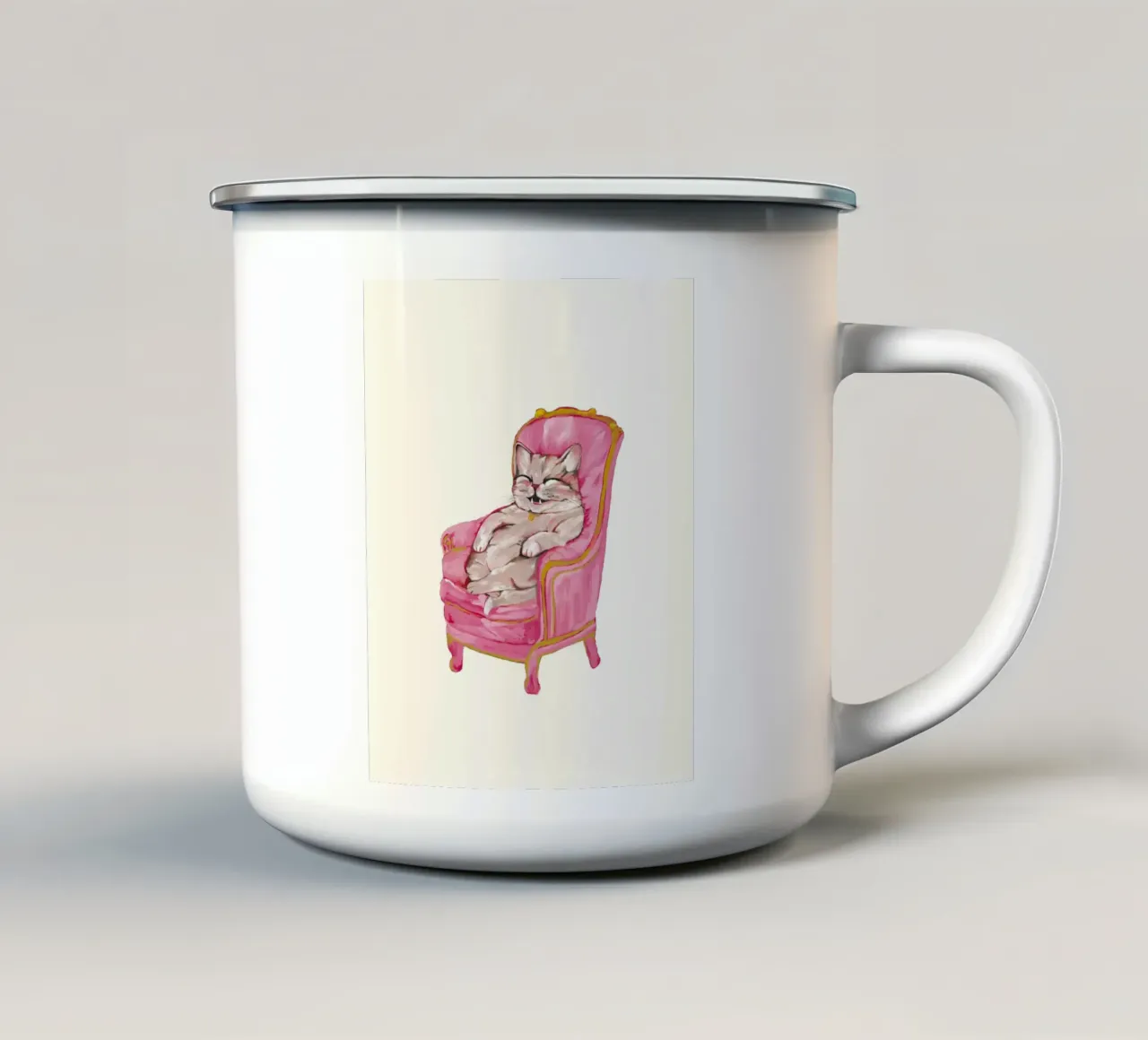 Smiling Cat Lounging on Pink Chair tazza in smalto da mysteriouscoco