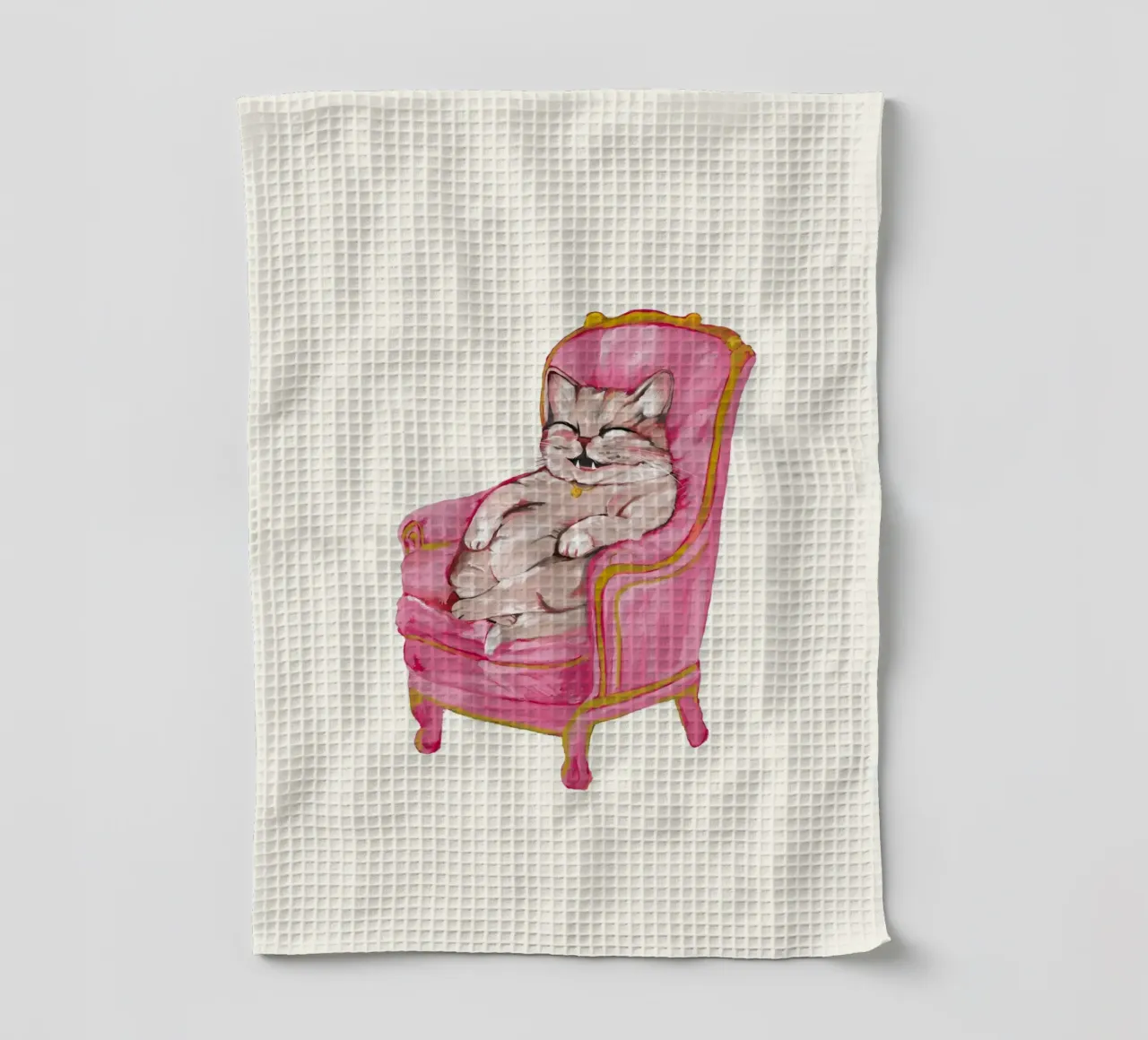 Smiling Cat Lounging on Pink Chair canovaccio da cucina da mysteriouscoco