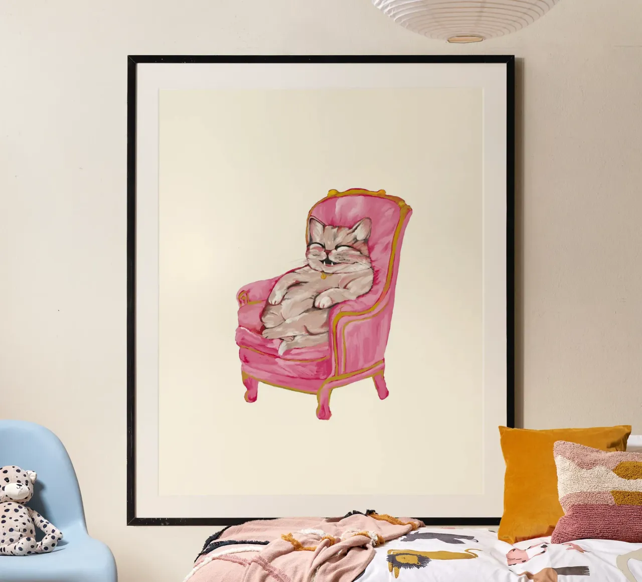 Smiling Cat Lounging on Pink Chair carta hahnemühle da mysteriouscoco