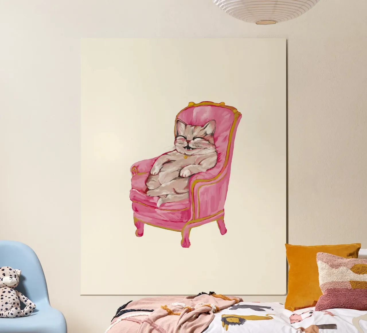 Smiling Cat Lounging on Pink Chair carta hahnemühle da mysteriouscoco