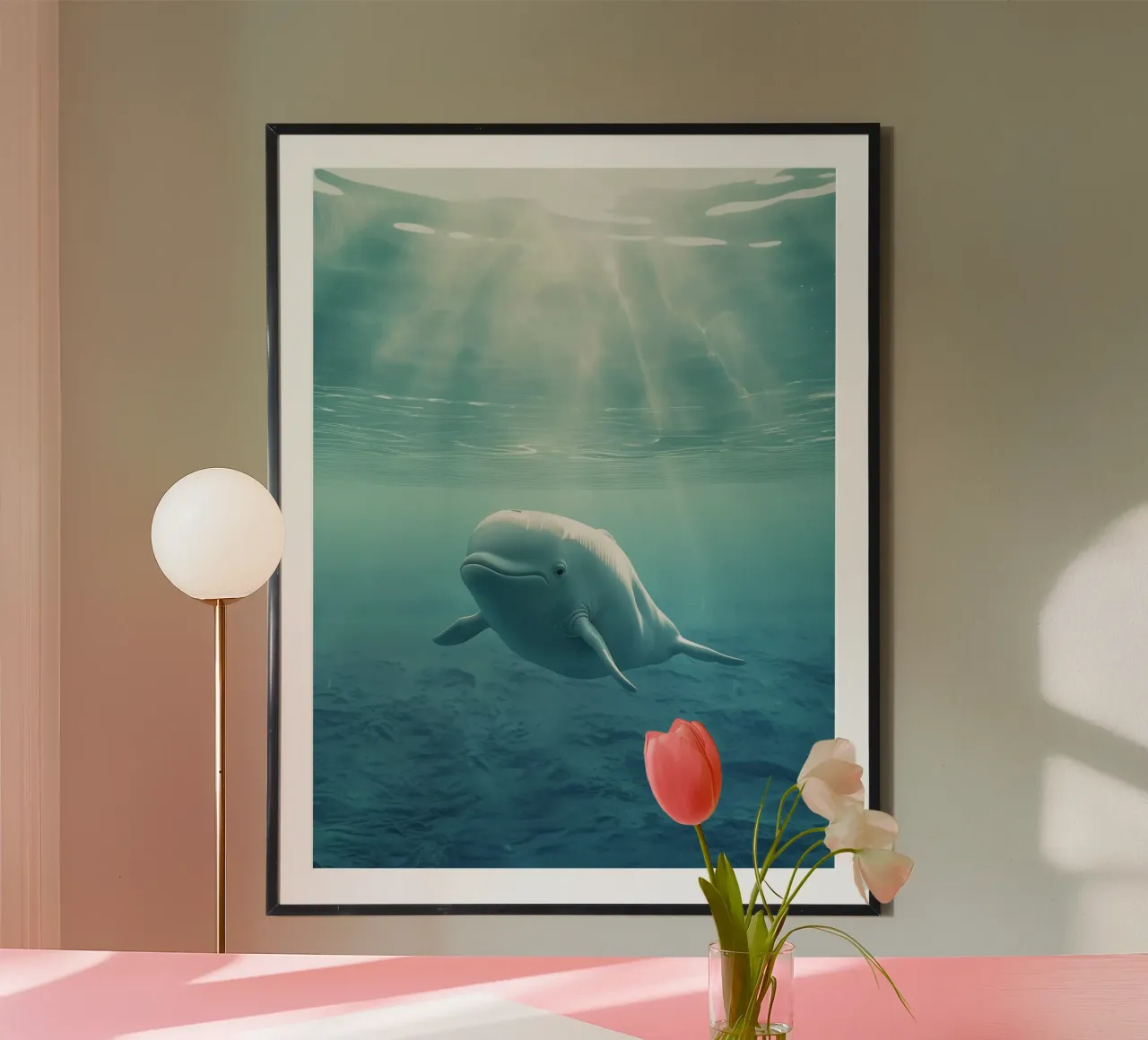 momento subacqueo con una maestosa balena beluga blue wat poster con telaio in plastica da DesignDoodle