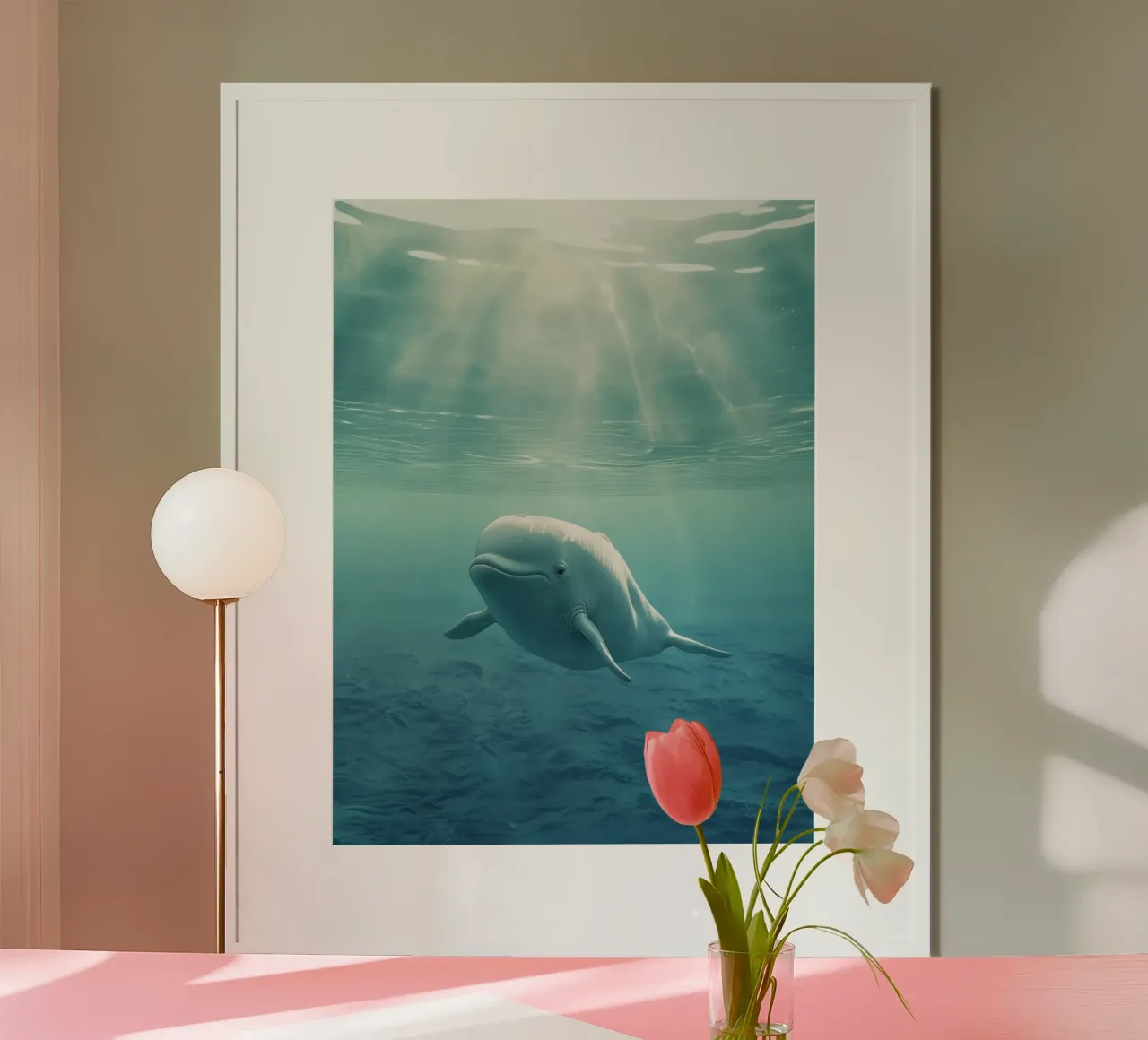 momento subacqueo con una maestosa balena beluga blue wat poster con telaio in plastica da DesignDoodle