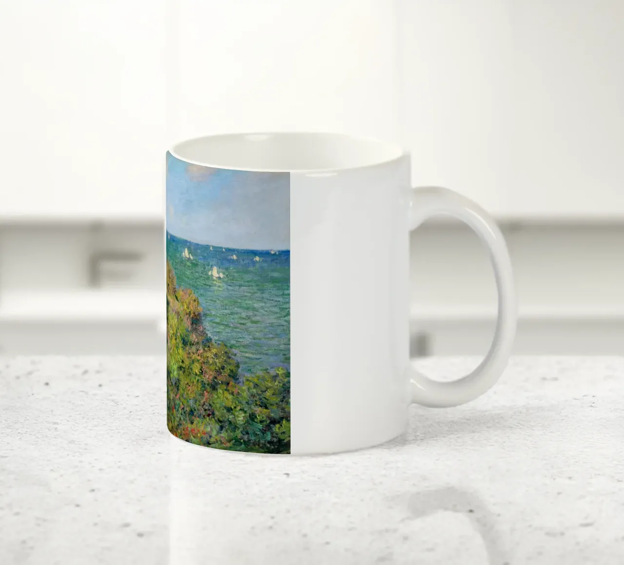 una capanna di pietra su una scogliera tazza in ceramica da SMG Store