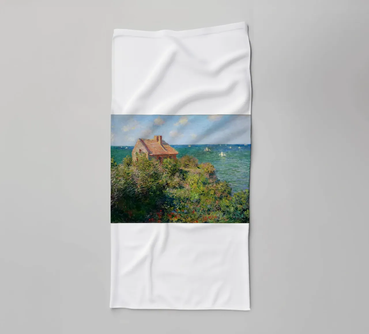 a stone hut on a cliff towel by SMG Store
