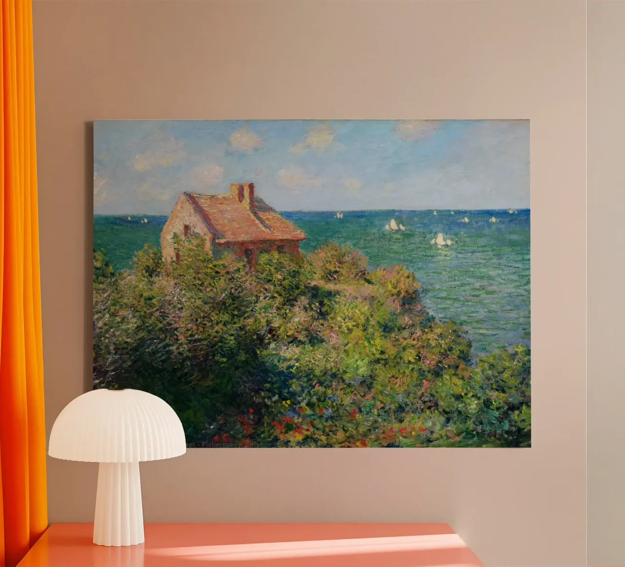 a stone hut on a cliff canvas with Floater frame by SMG Store