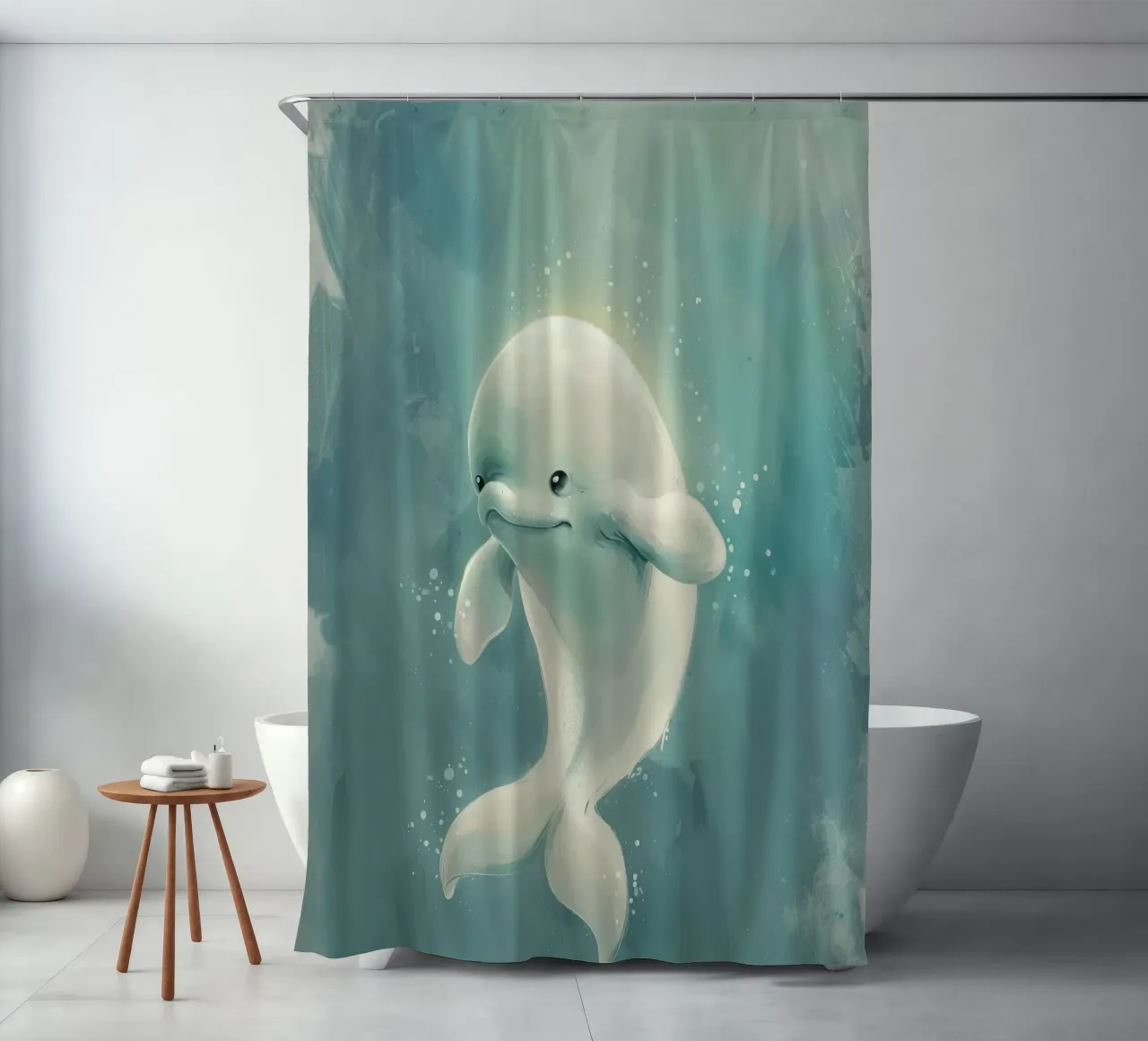 Una adorable cría de beluga explora las profundidades cortina de baño de DesignDoodle
