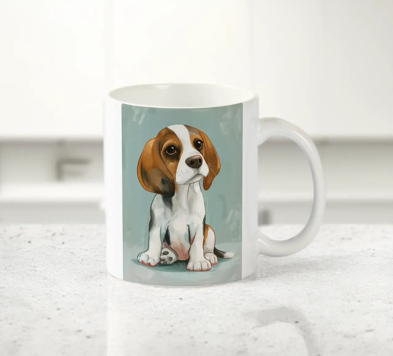 A charming portrait of a beagle, capturing its innocence ceramic mug by DesignDoodle