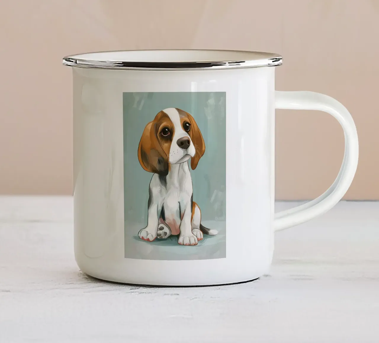 A charming portrait of a beagle, capturing its innocence enamel mug by DesignDoodle