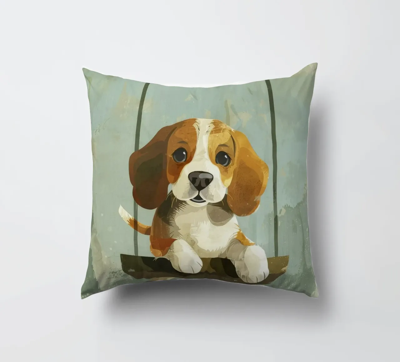 Un beagle giocherellone che si gode un giro in altalena, irradiando gioia cuscino da DesignDoodle