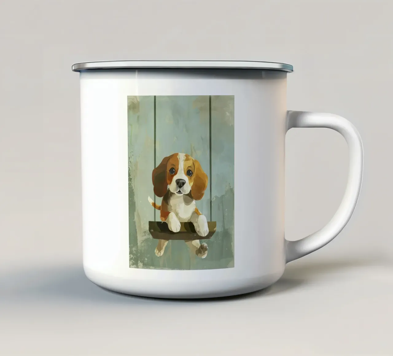 Un beagle giocherellone che si gode un giro in altalena, irradiando gioia tazza in smalto da DesignDoodle
