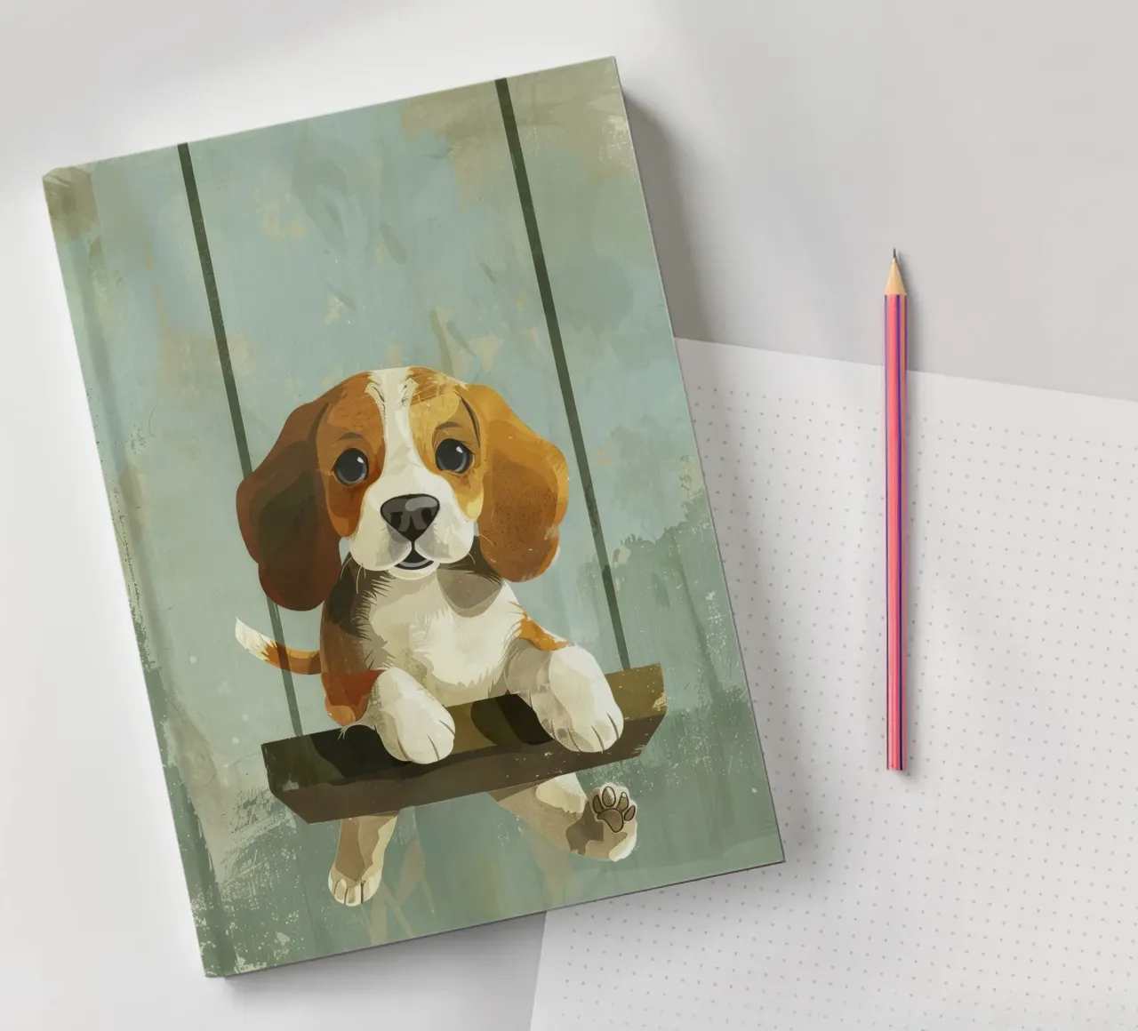 A playful beagle enjoying a swing ride, radiating joy notebook by DesignDoodle