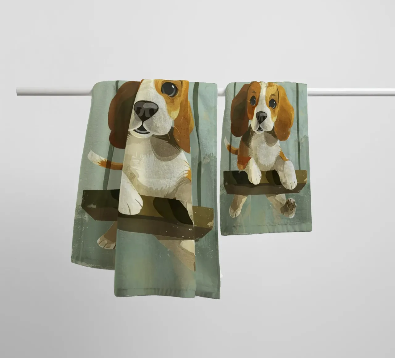Un beagle giocherellone che si gode un giro in altalena, irradiando gioia asciugamano da bagno da DesignDoodle