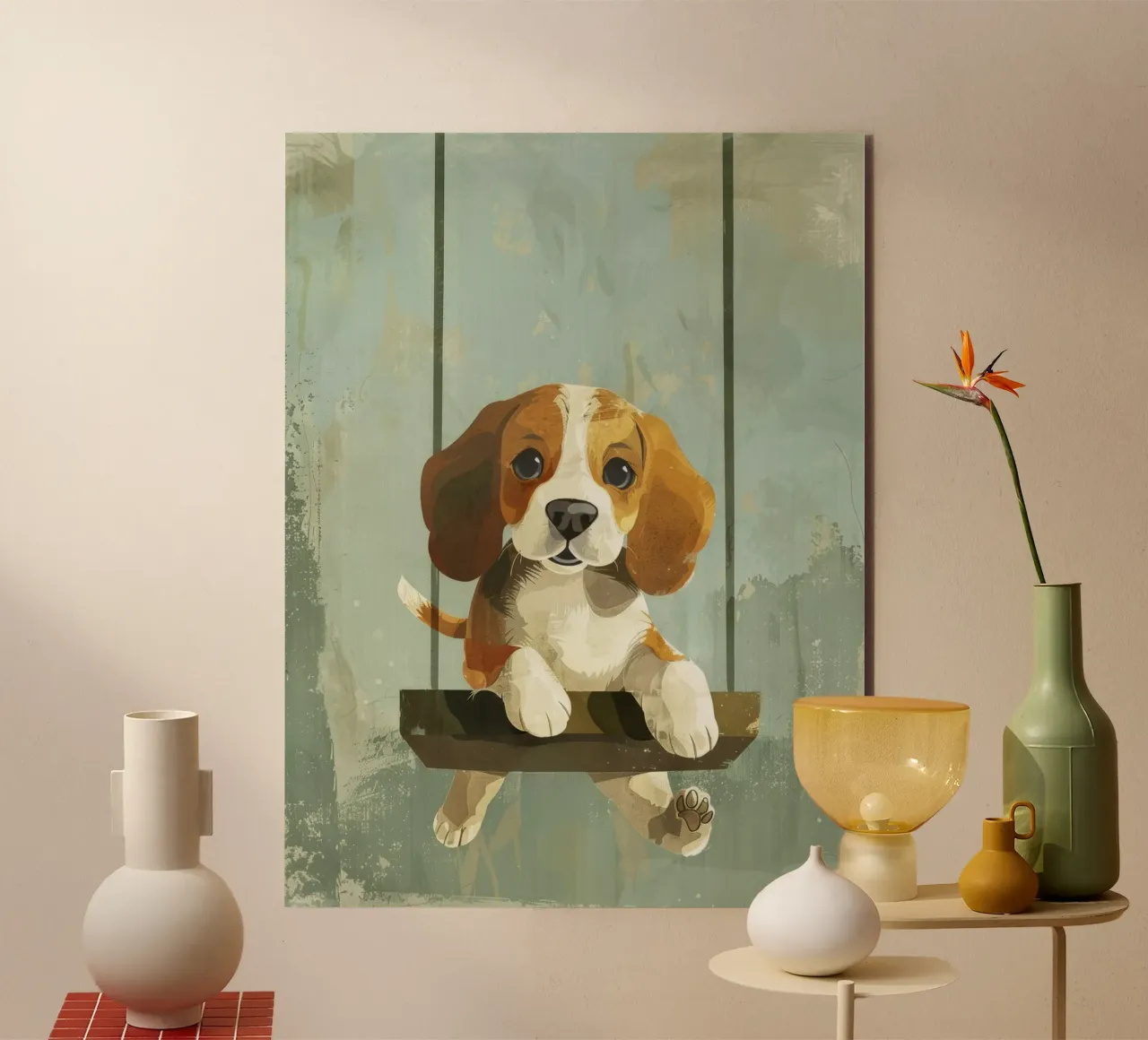 Un beagle giocherellone che si gode un giro in altalena, irradiando gioia pannello forex da DesignDoodle