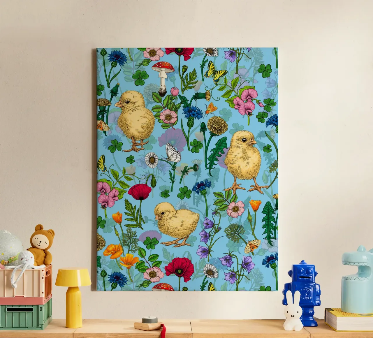 Kippen en wilde bloemen op babyblauw canvas met Baklijst van Painted Nature