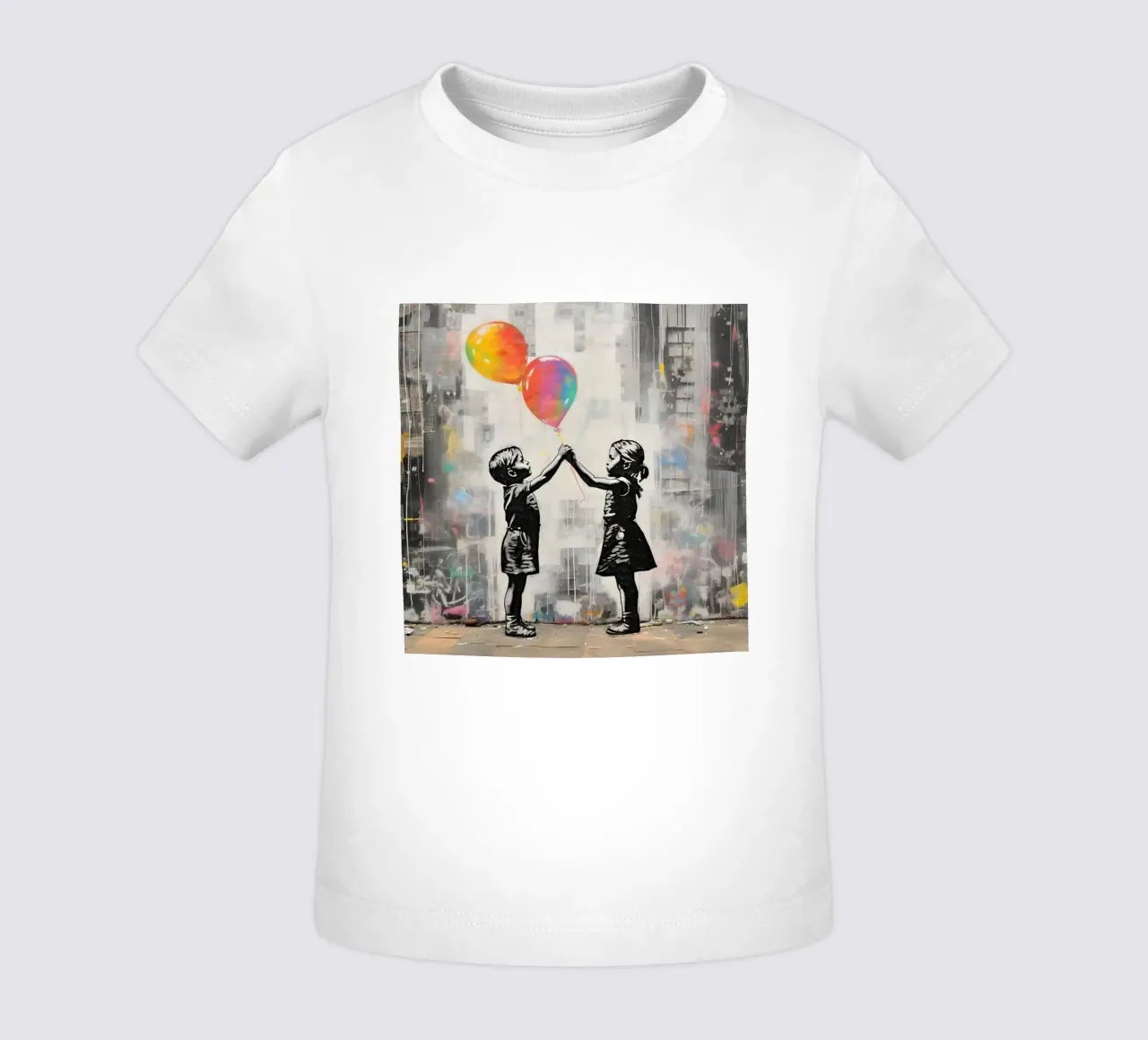Due bambini con palloncini arcobaleno maglietta neonato da Martin studio