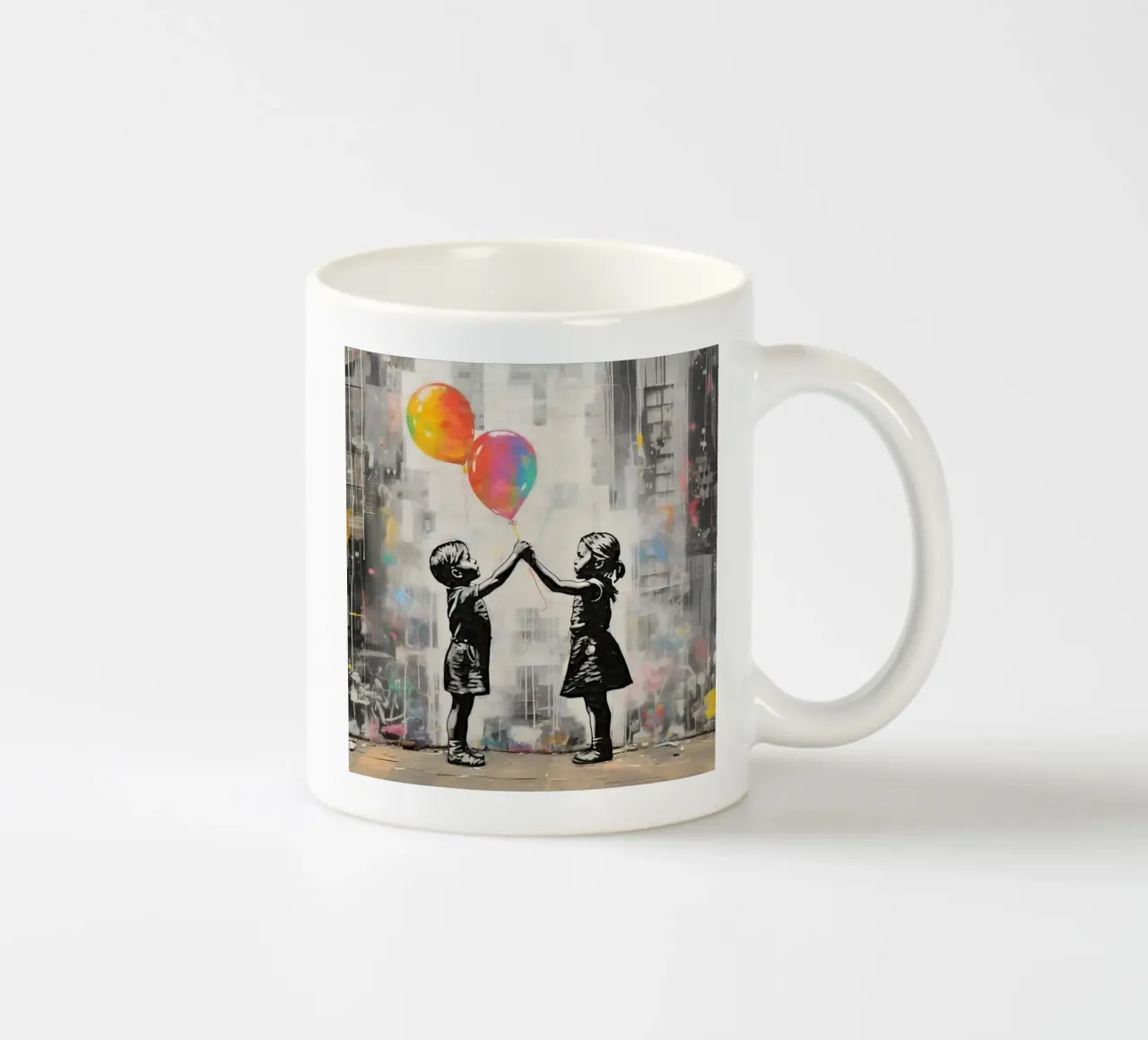 Due bambini con palloncini arcobaleno tazza in ceramica da Martin studio