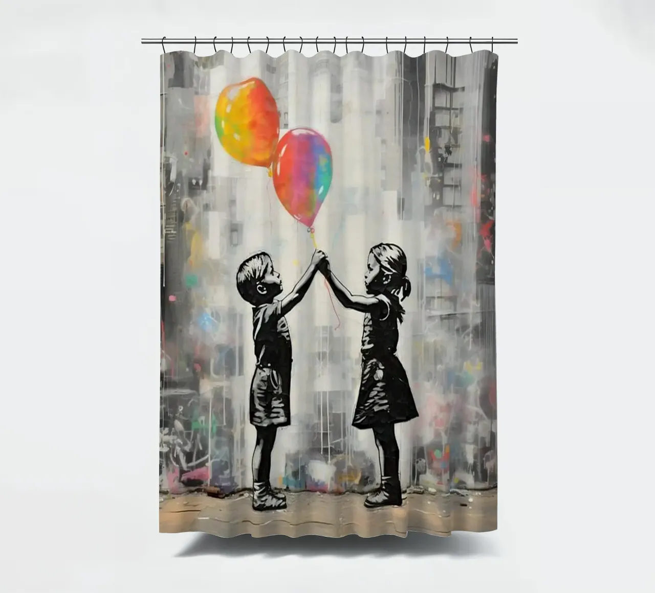 Due bambini con palloncini arcobaleno tenda da doccia da Martin studio