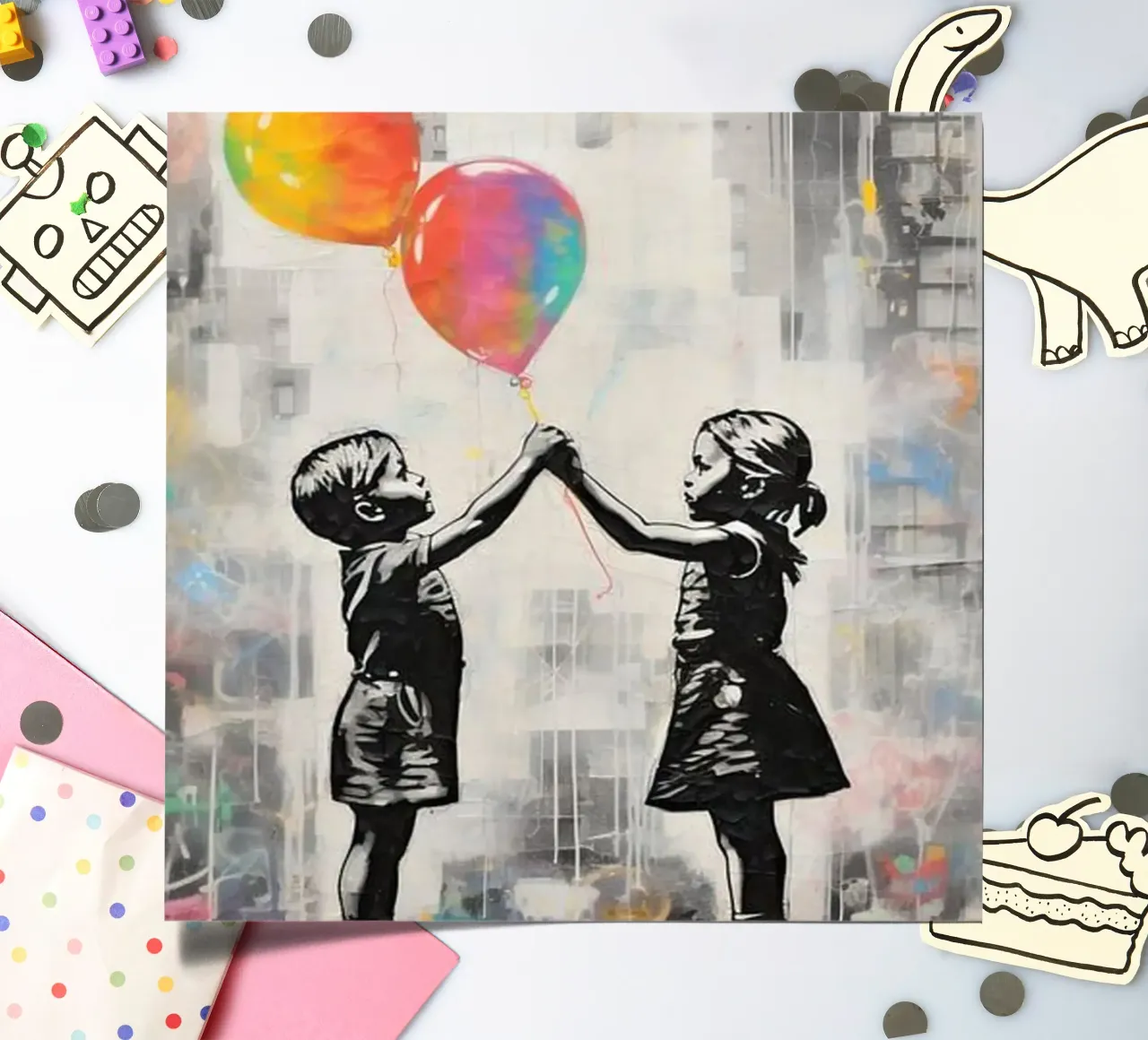 Due bambini con palloncini arcobaleno foglio adesivo da Martin studio