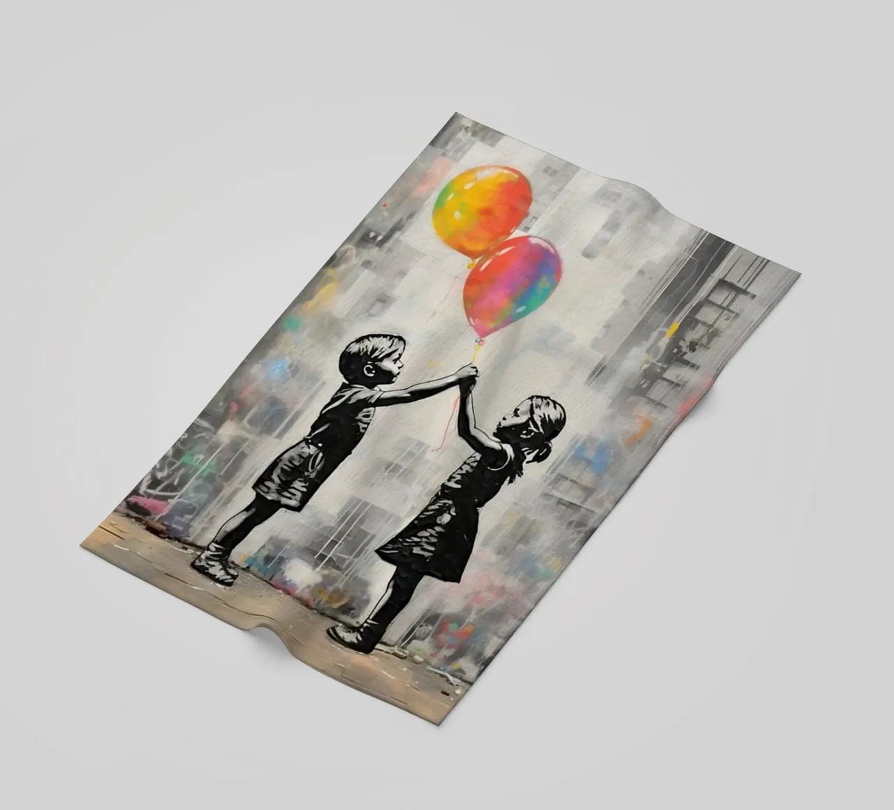 Due bambini con palloncini arcobaleno telo mare da Martin studio