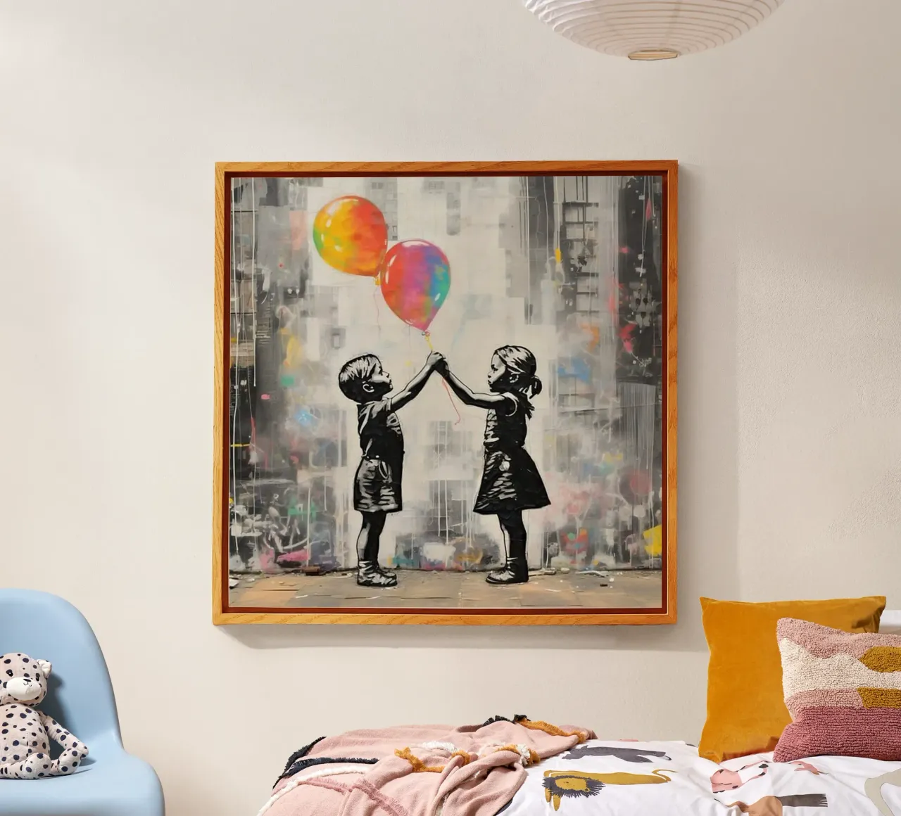 Due bambini con palloncini arcobaleno plexiglass da Martin studio