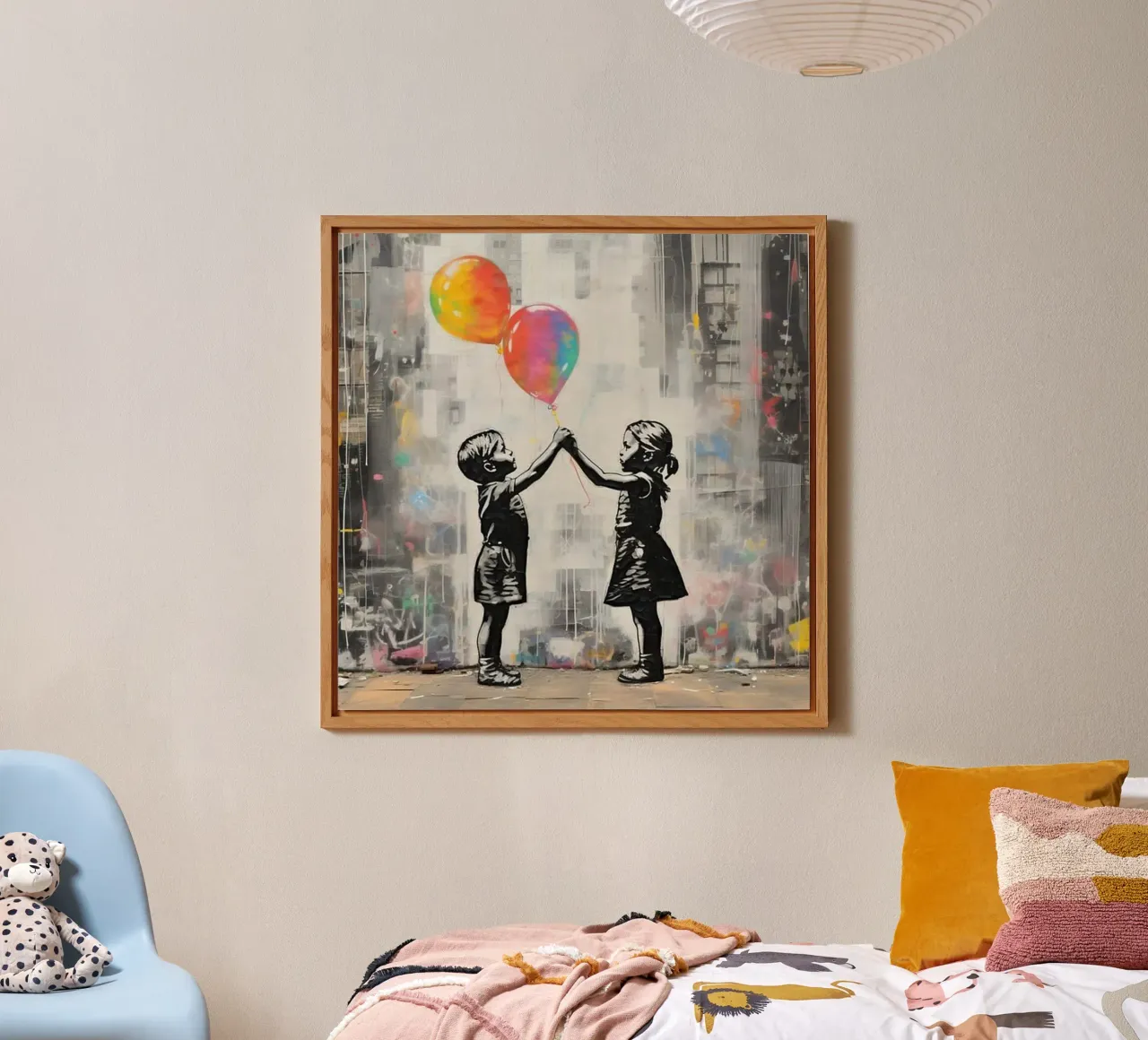 Due bambini con palloncini arcobaleno alluminio dibond da Martin studio