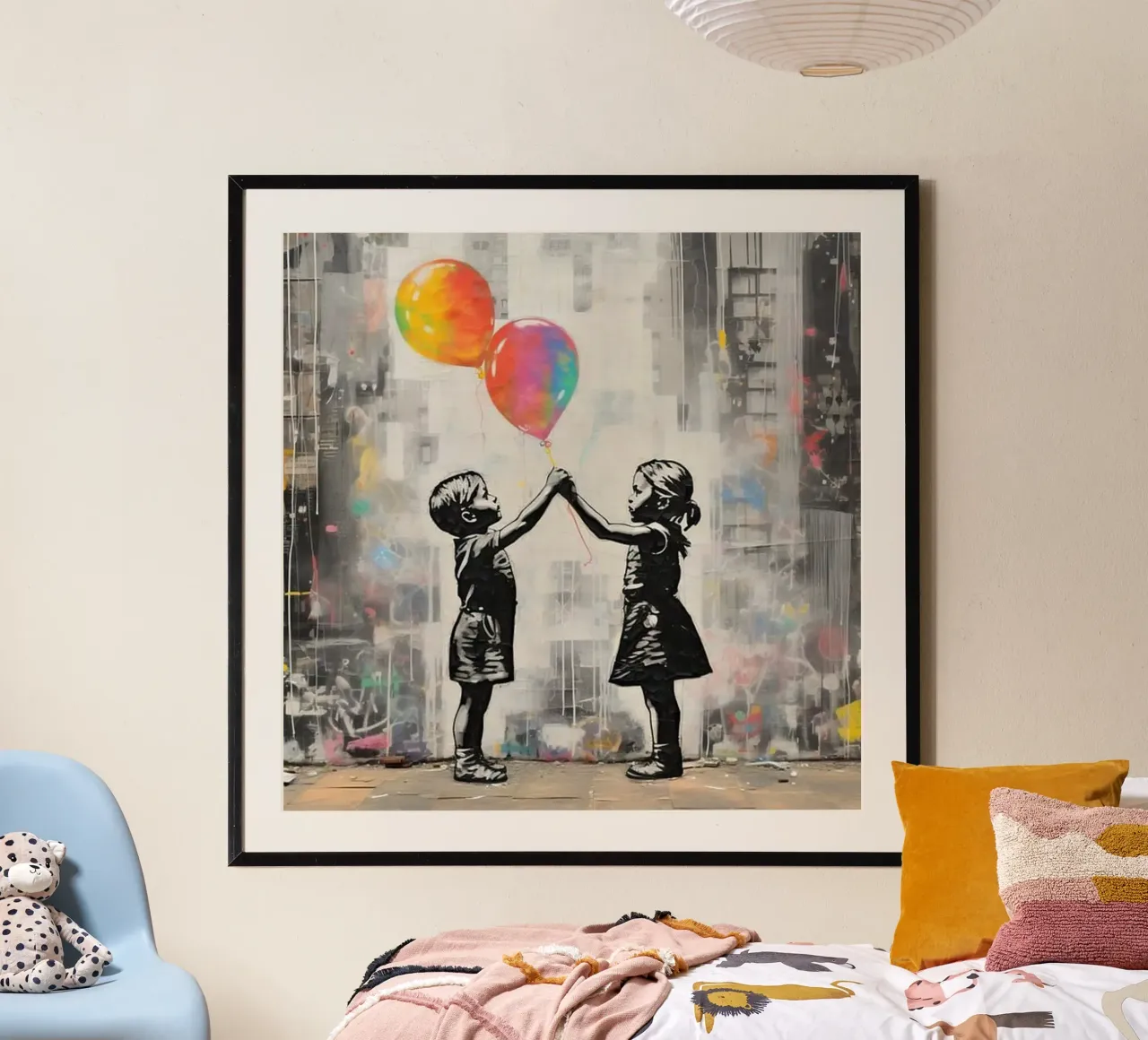 Due bambini con palloncini arcobaleno poster da Martin studio