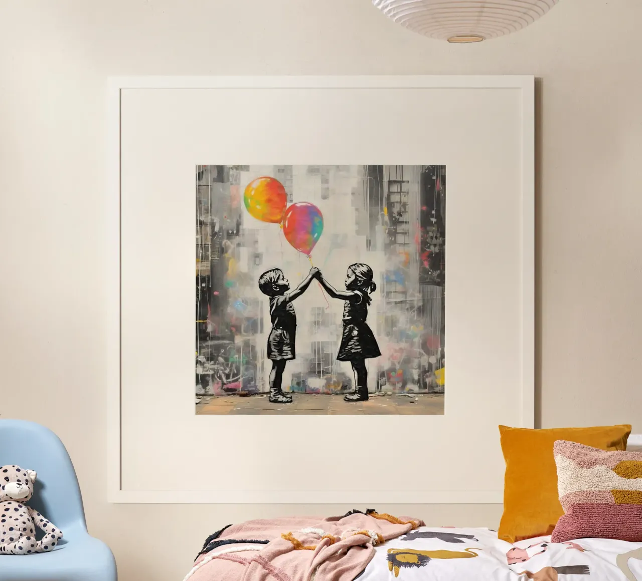 Due bambini con palloncini arcobaleno poster da Martin studio