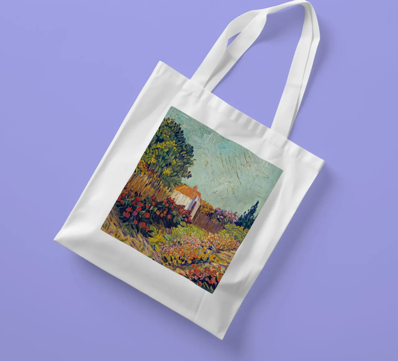 casetta in mezzo a un giardino fiorito borsa in juta da Piper Shop Oke