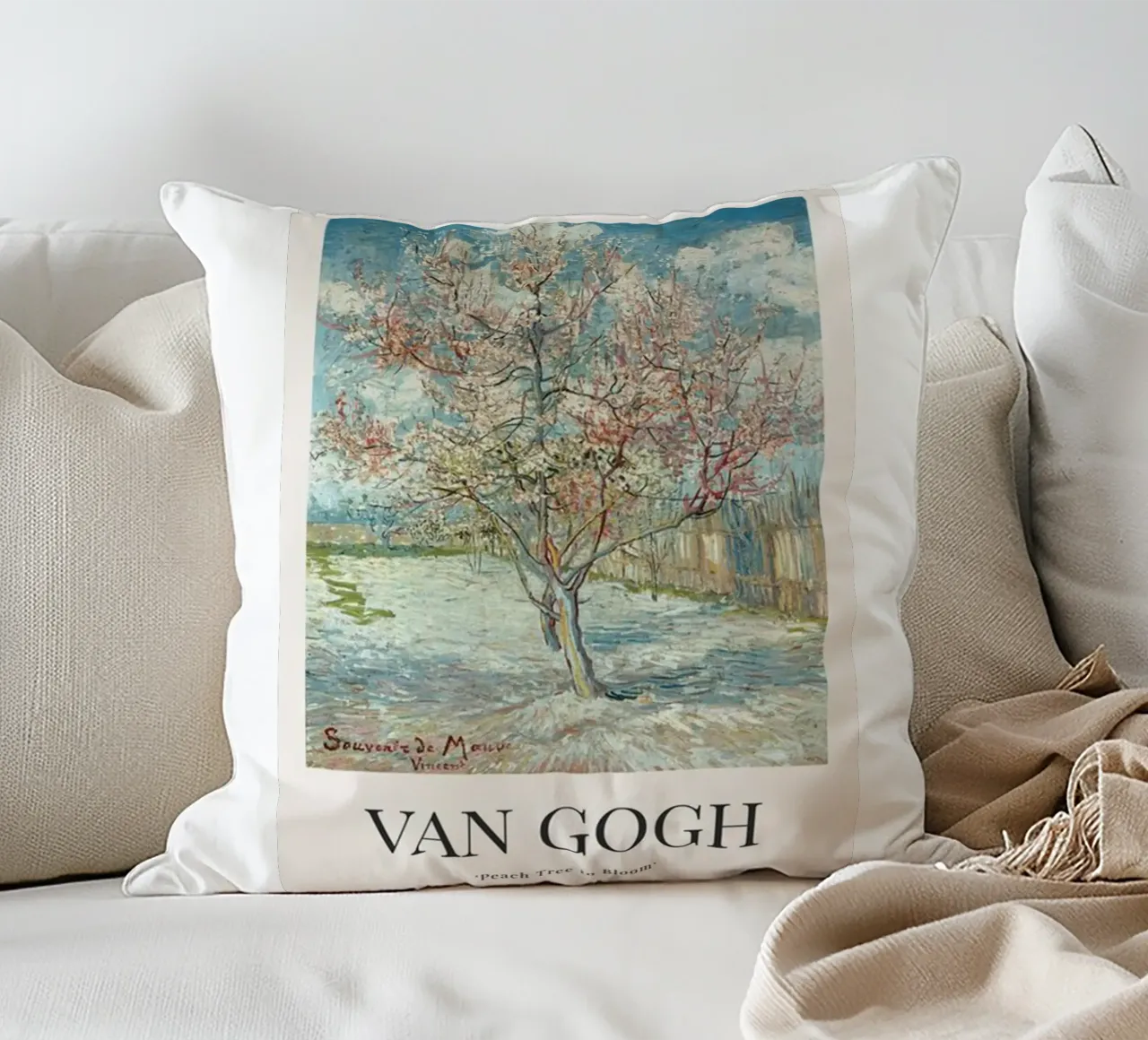 a peach tree in full bloom decorative cushion by Piper Shop Oke