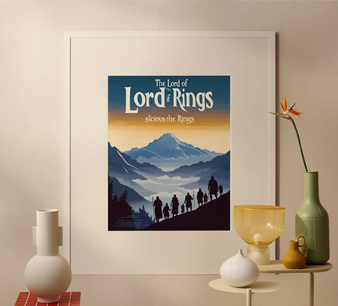Marcha desde las montañas - Un homenaje retro a la Tierra Media poster con marco de plástico de Mittelerde Atelier