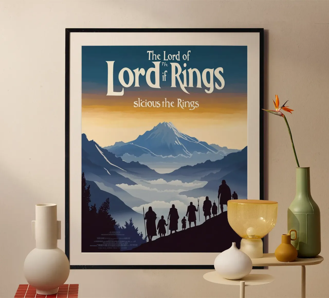 Marcha desde las montañas - Un homenaje retro a la Tierra Media poster con marco de plástico de Mittelerde Atelier