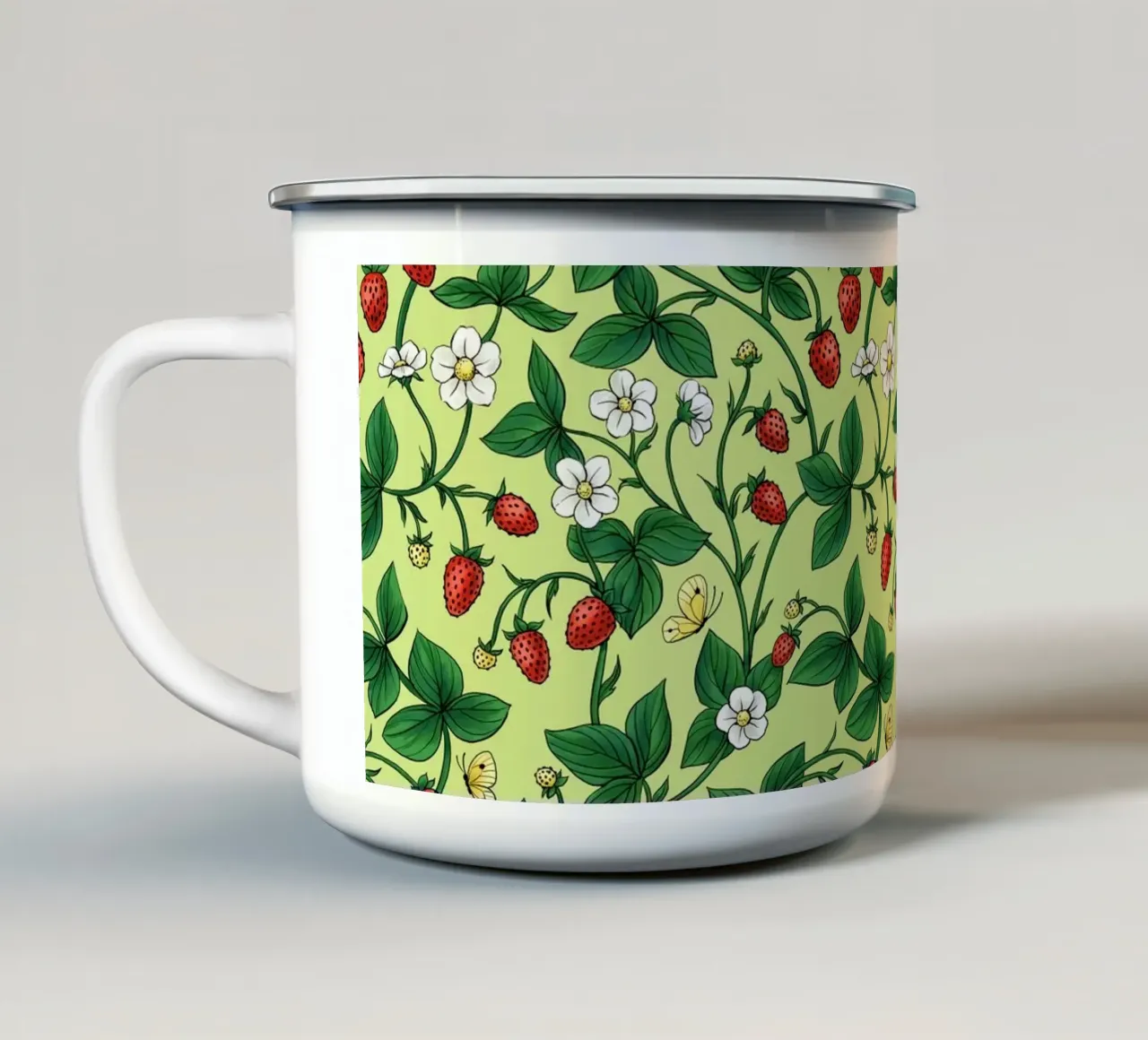 Fragole selvatiche verdi e rosse tazza in smalto da Painted Nature