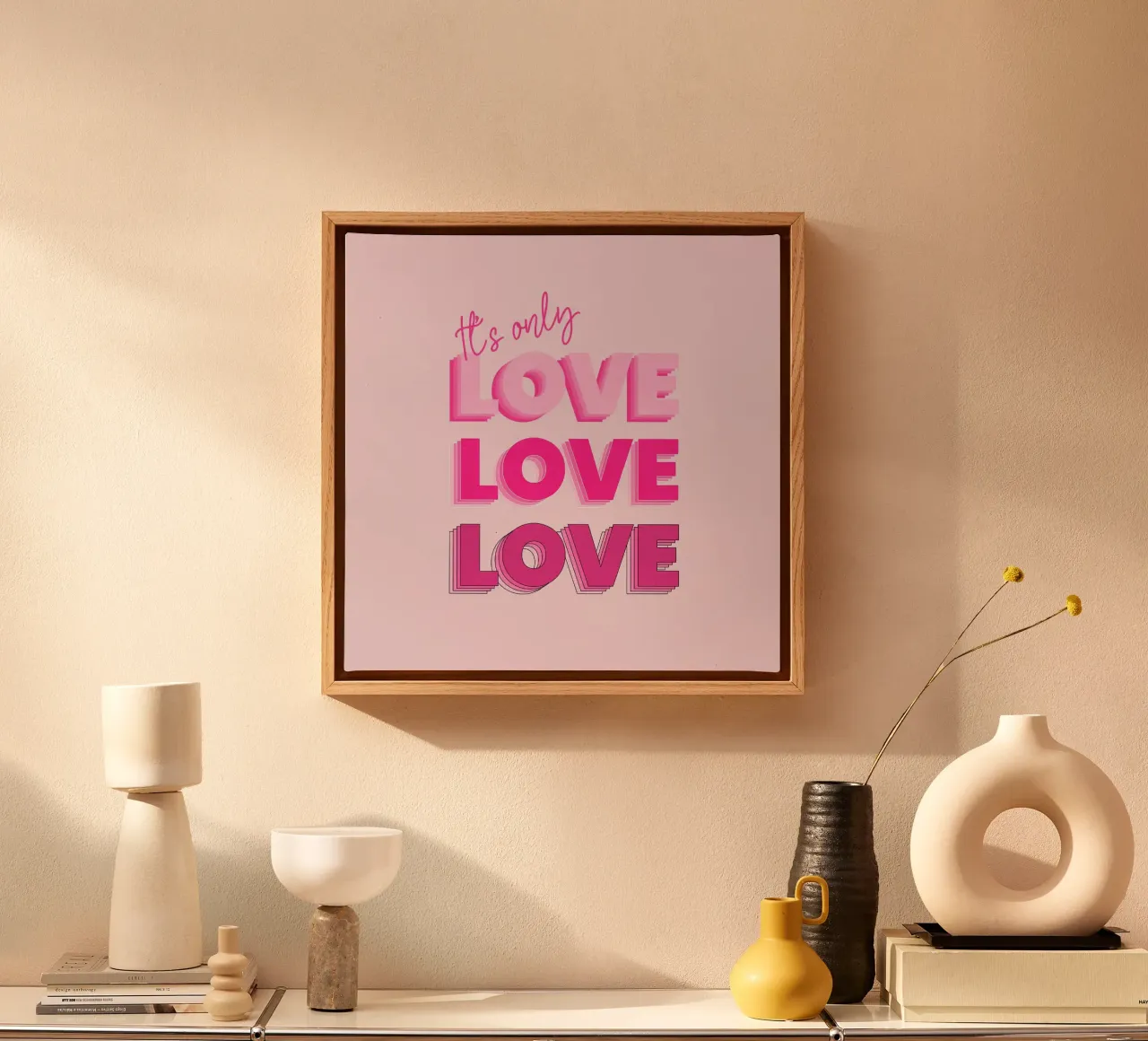 Layered Love – Pink Gradient Text Art Poster canvas with Floater frame by showmemars