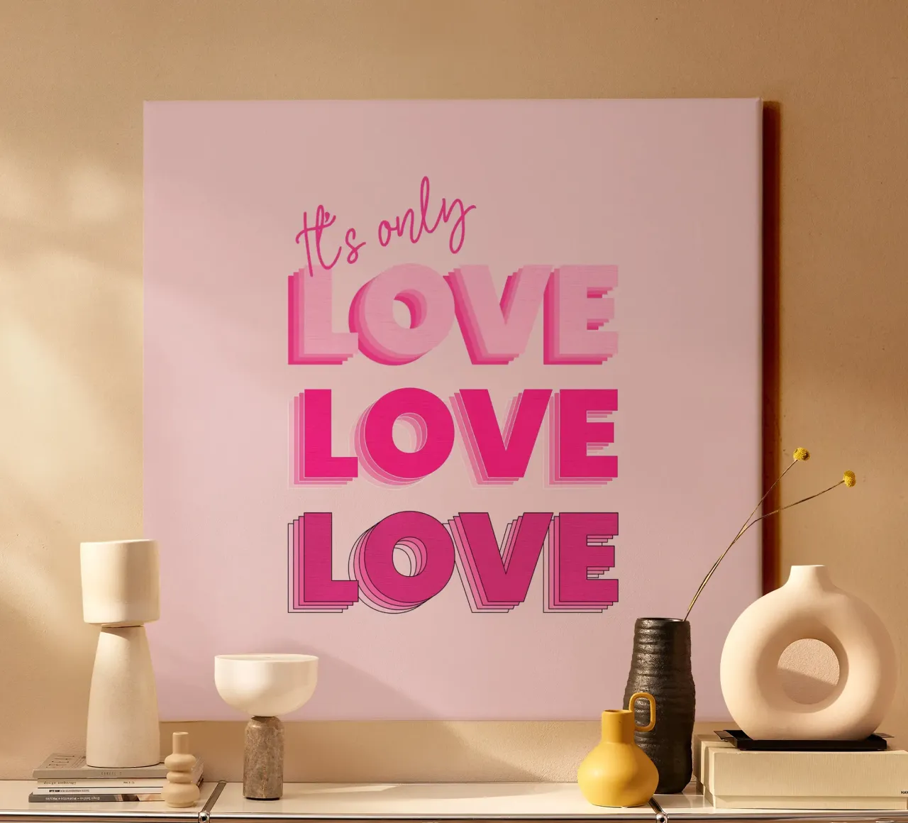 Layered Love – Pink Gradient Text Art Poster canvas with Floater frame by showmemars