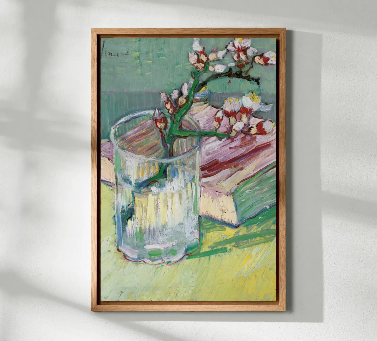 van Gogh  - Blossoming Almond Branch in a Glass with a Book alluminio dibond da ARTOTHEK