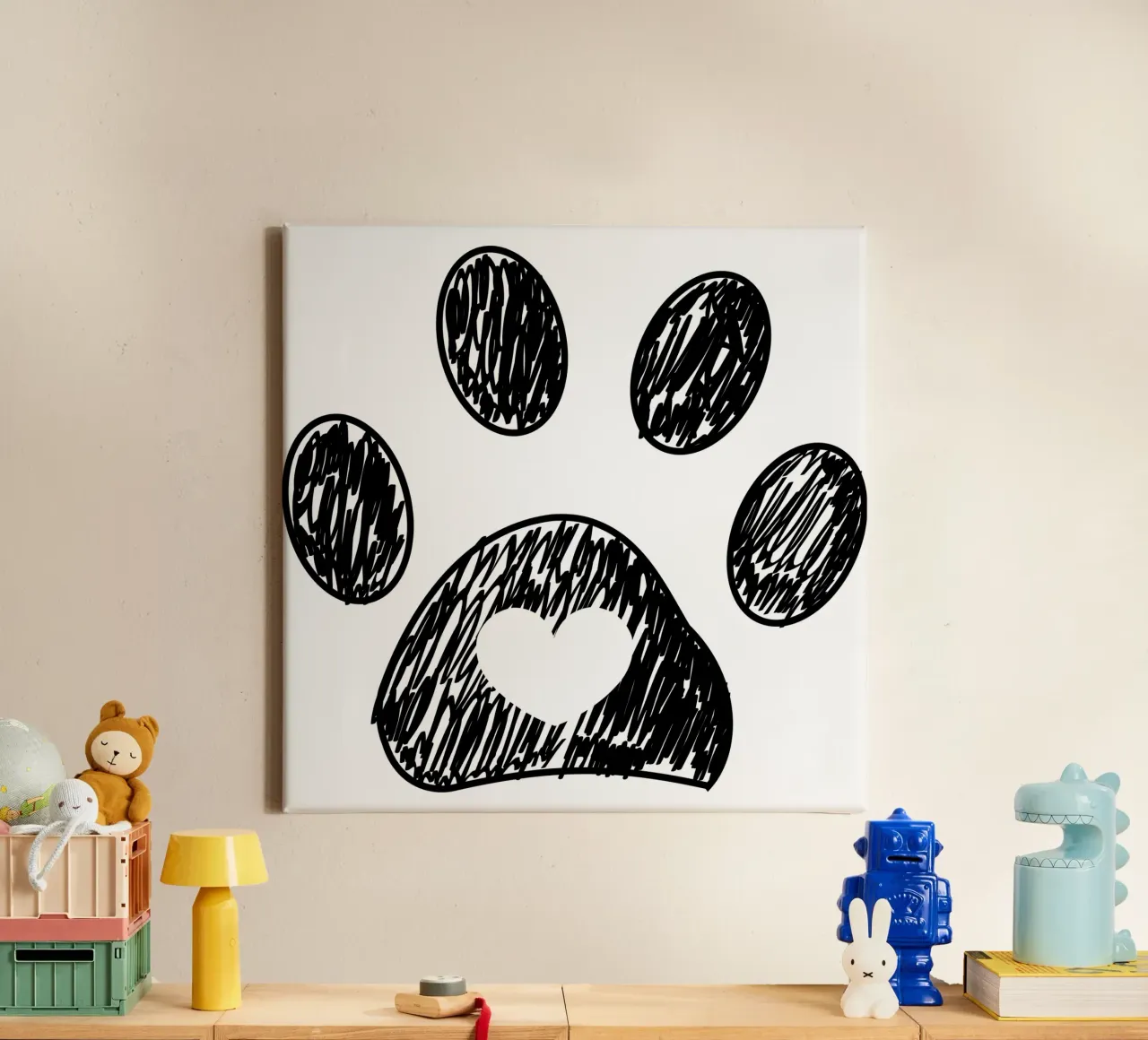 Doodle paw print with heart black canvas by gulsengunel