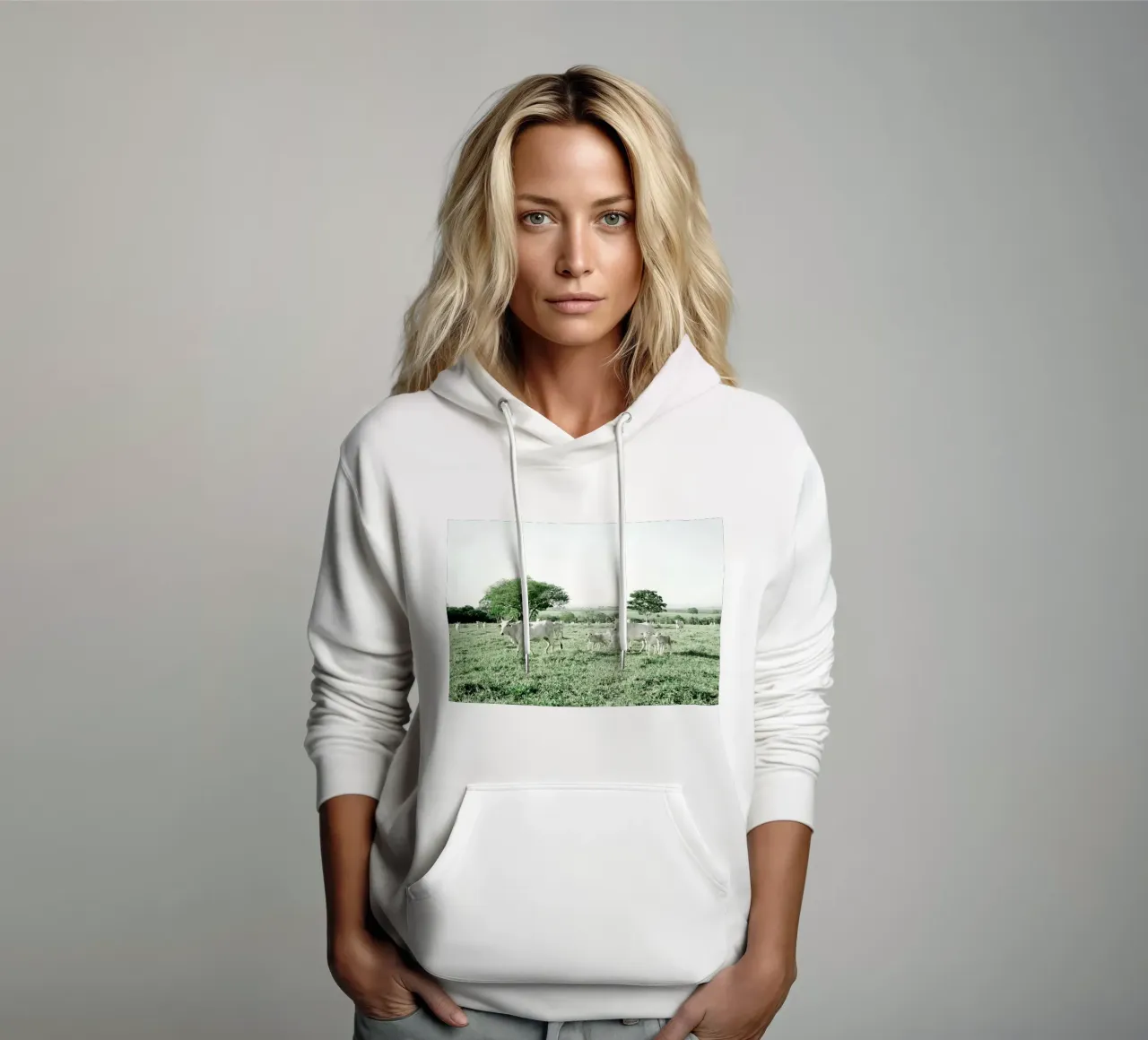 Mucche bianche in un campo verde felpa con cappuccio da KISSA STUDIO