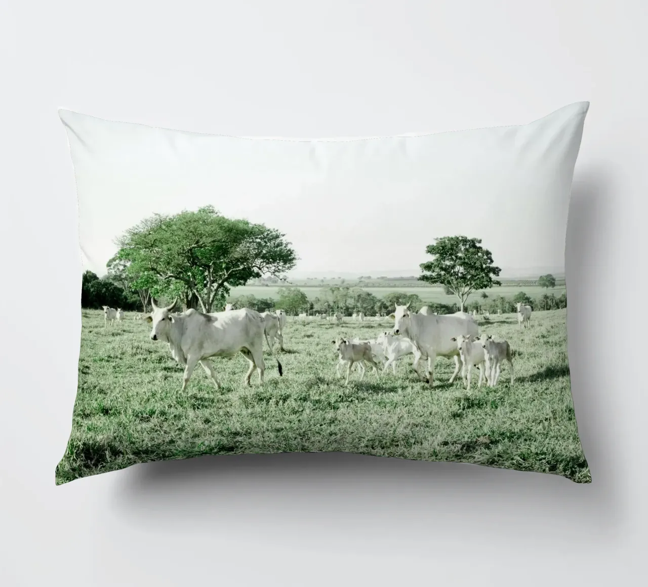 Mucche bianche in un campo verde cuscino da KISSA STUDIO