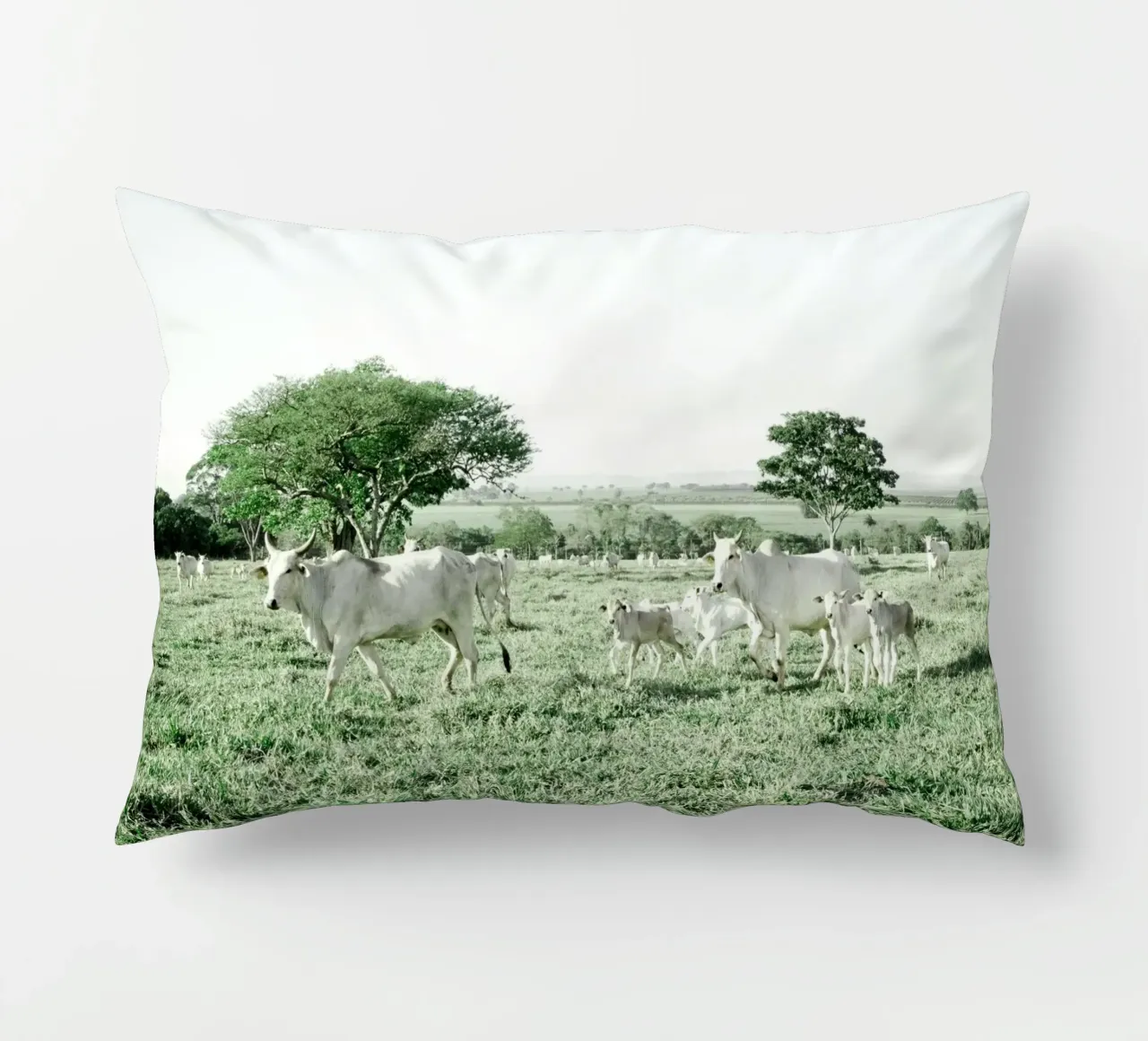 Mucche bianche in un campo verde cuscino da KISSA STUDIO