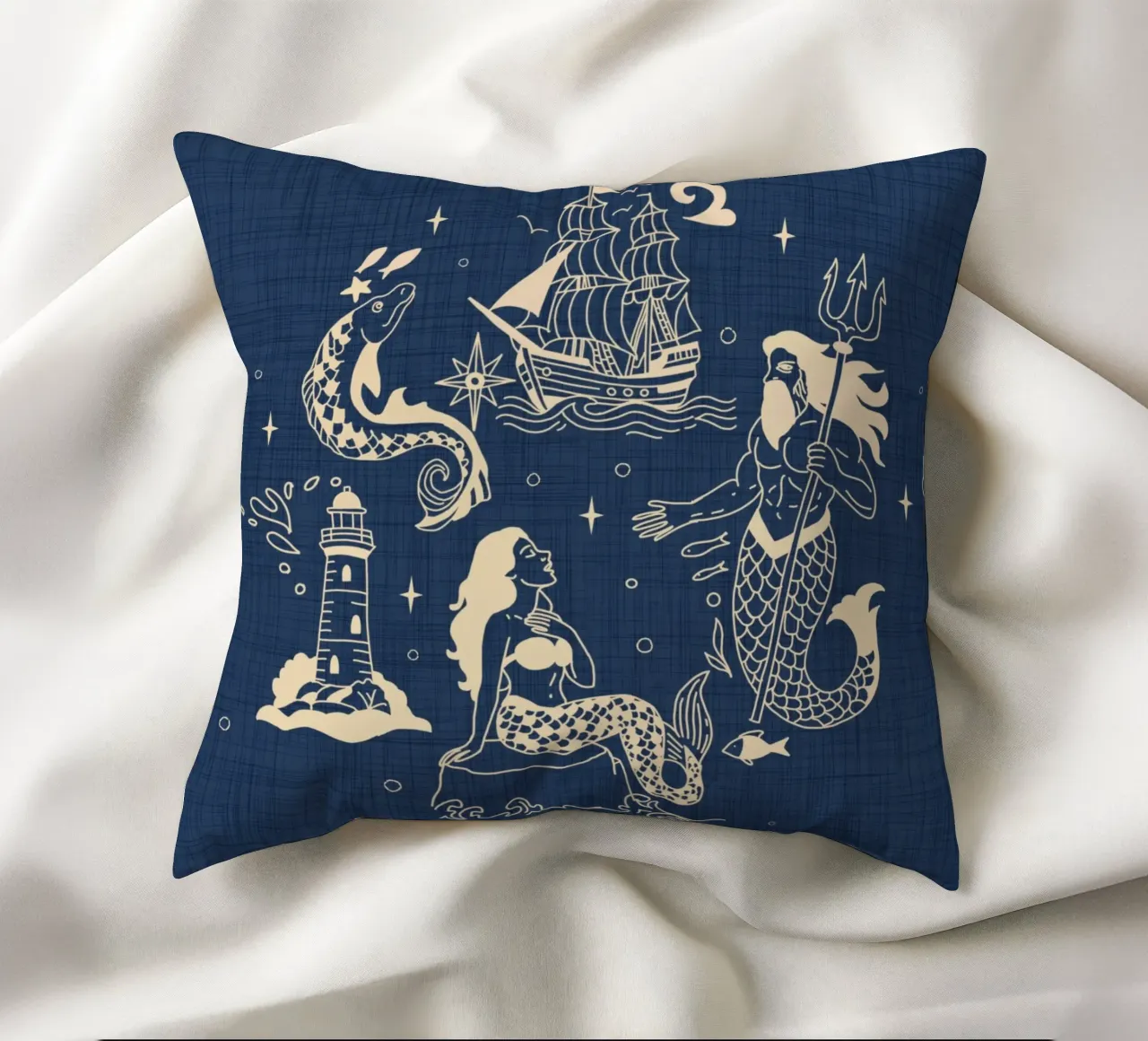 Mitologia nautica inchiostrata - Blu oceano retrò cuscino da susanacosta