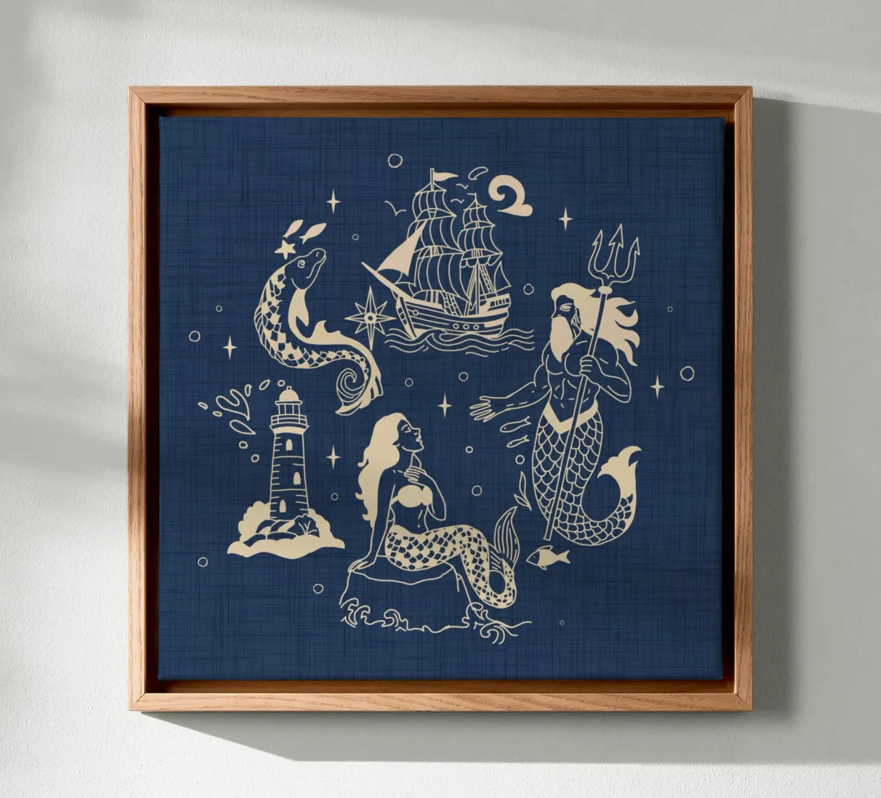 Nautische Mythologie Inked - Retro Ocean Blue Leinwand mit Schattenfugenrahmen von susanacosta