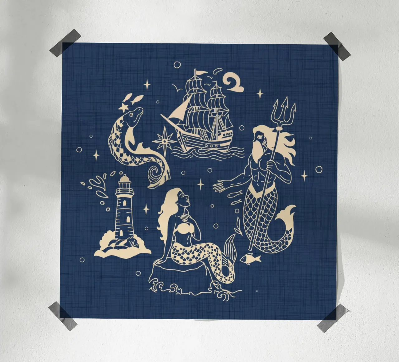 Mitologia nautica inchiostrata - Blu oceano retrò poster con telaio in legno da susanacosta