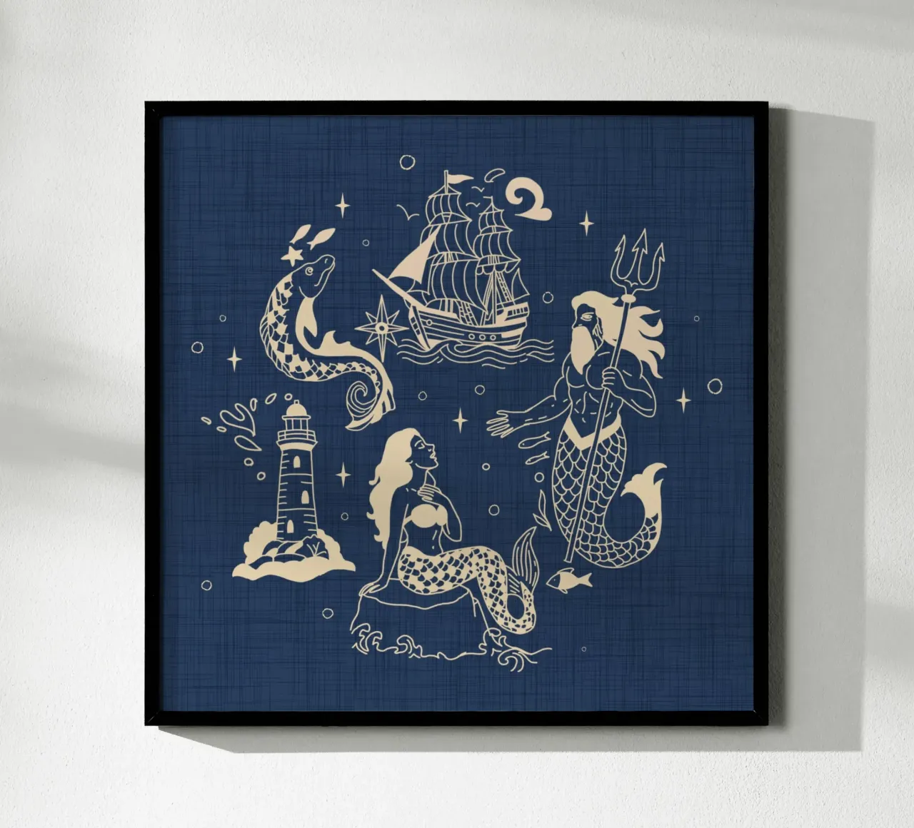 Mitologia nautica inchiostrata - Blu oceano retrò poster con telaio in legno da susanacosta