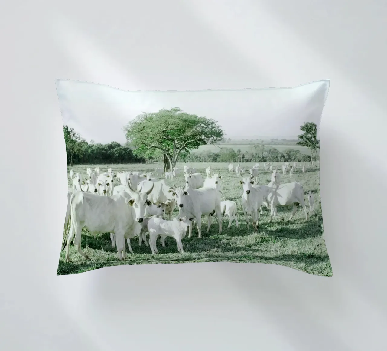 Mucche bianche in un campo verde cuscino da KISSA STUDIO